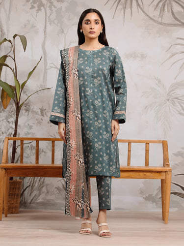 Unstitched Teal Blue Printed Khaddar 3 Piece - EWU24A3-29582-3P