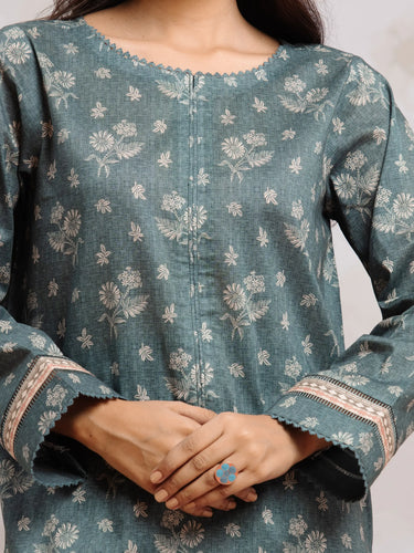 Unstitched Teal Blue Printed Khaddar 3 Piece - EWU24A3-29582-3P