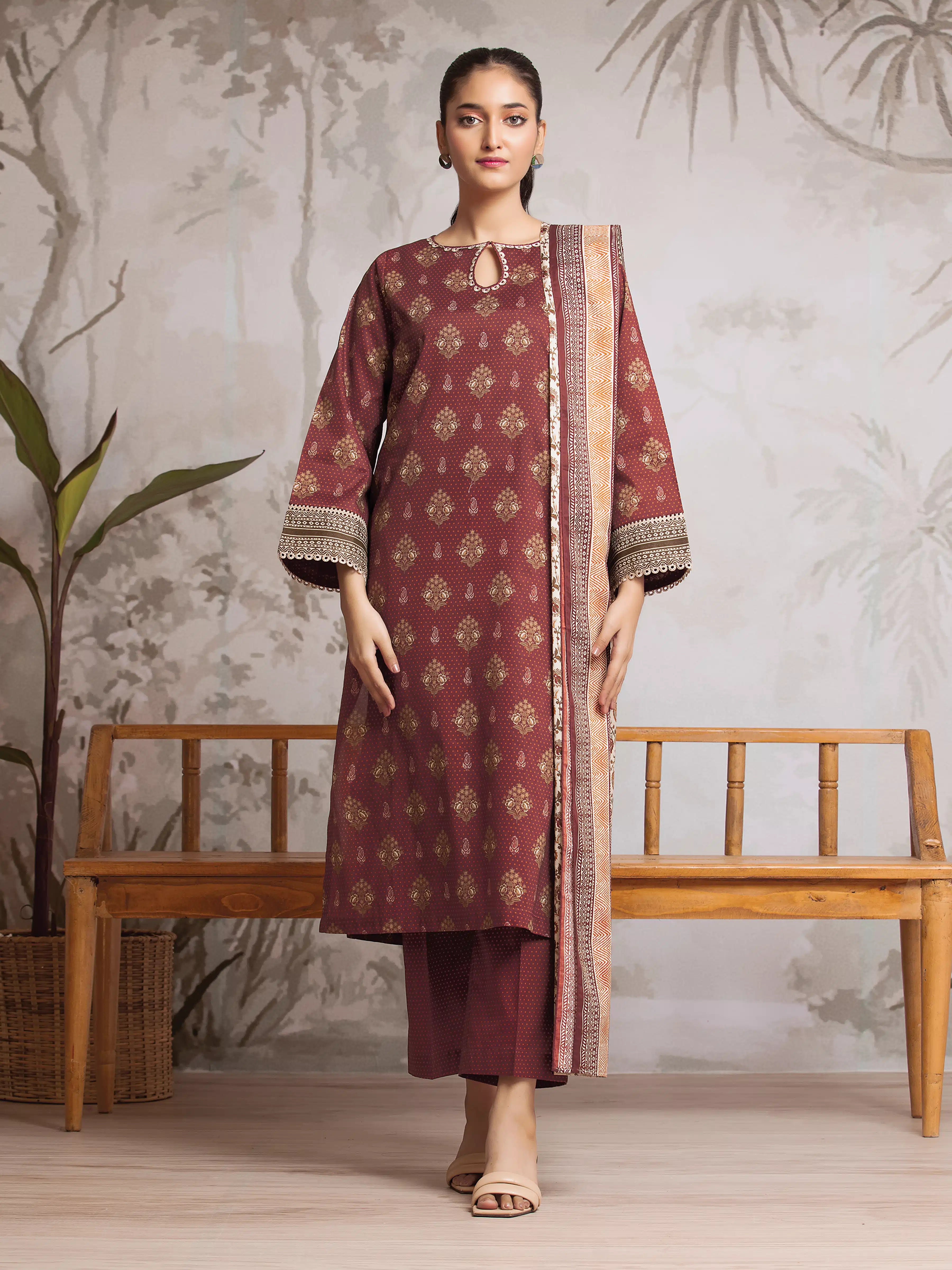 Unstitched Dark Maroon Printed Khaddar 3 Piece - EWU24A3-29583-3P