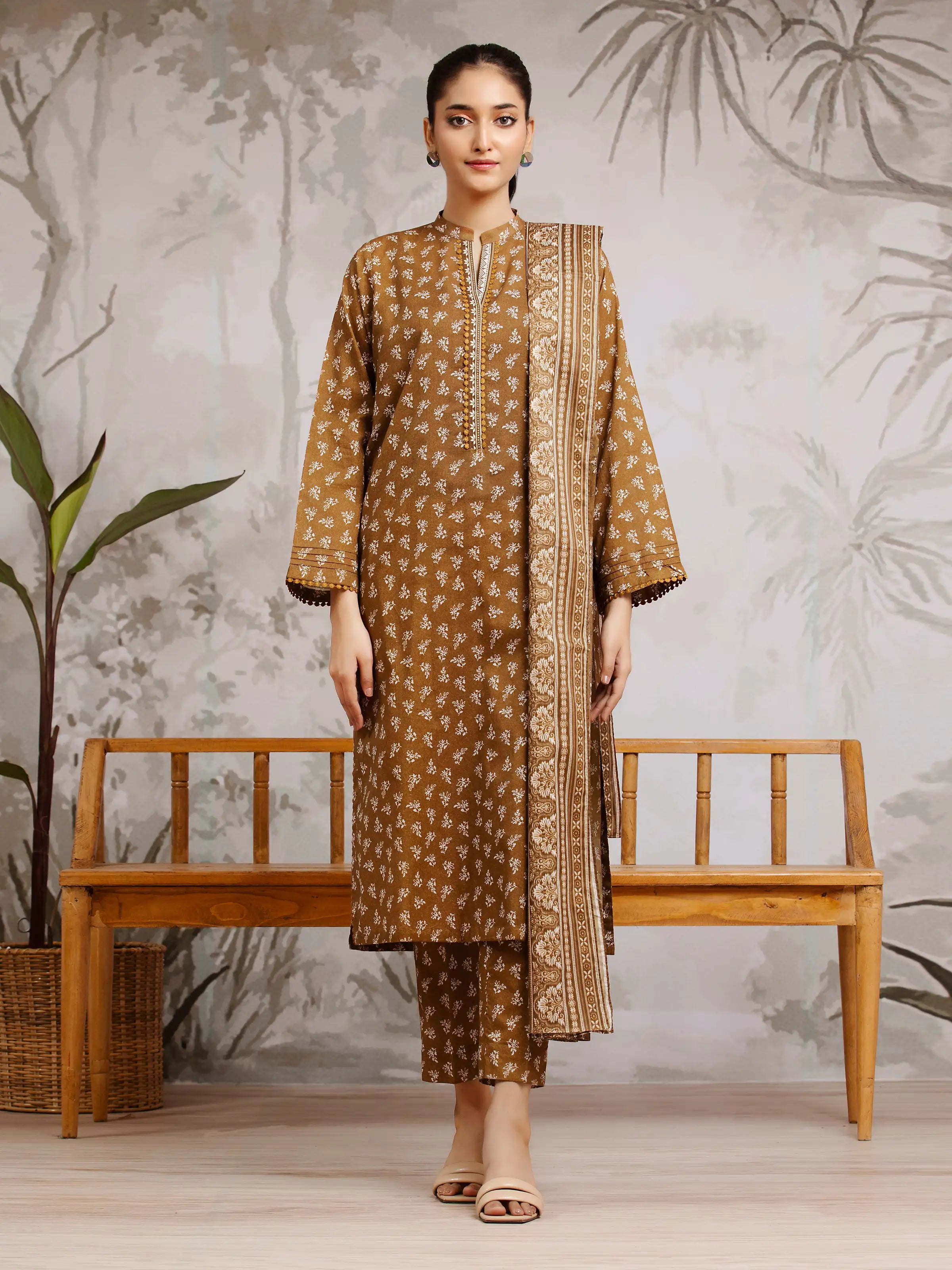 Unstitched Brown Printed Khaddar 3 Piece - EWU24A3-29589-3P