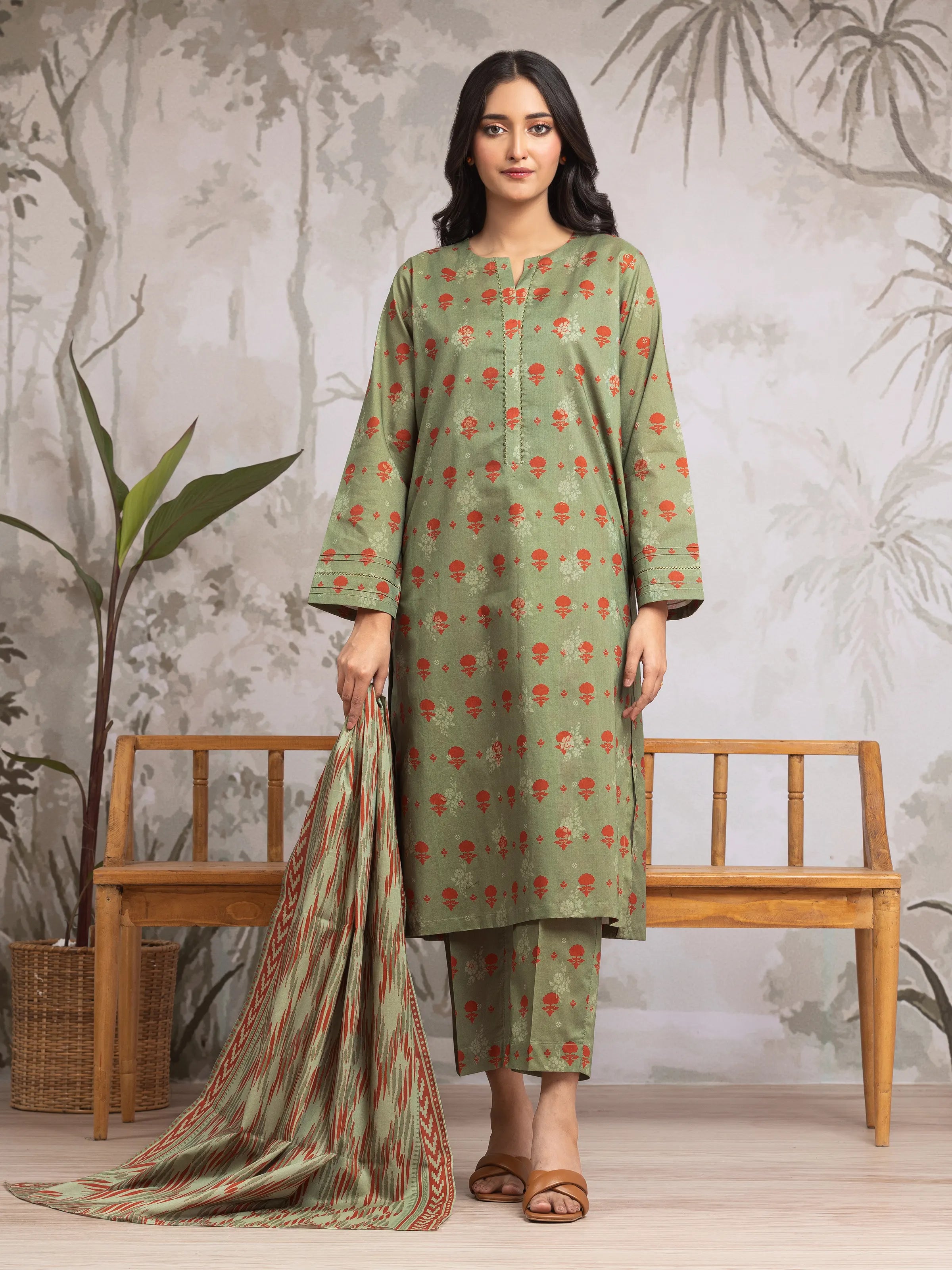 Unstitched Sage Green Printed Khaddar 3 Piece - EWU24A3-29601-3P