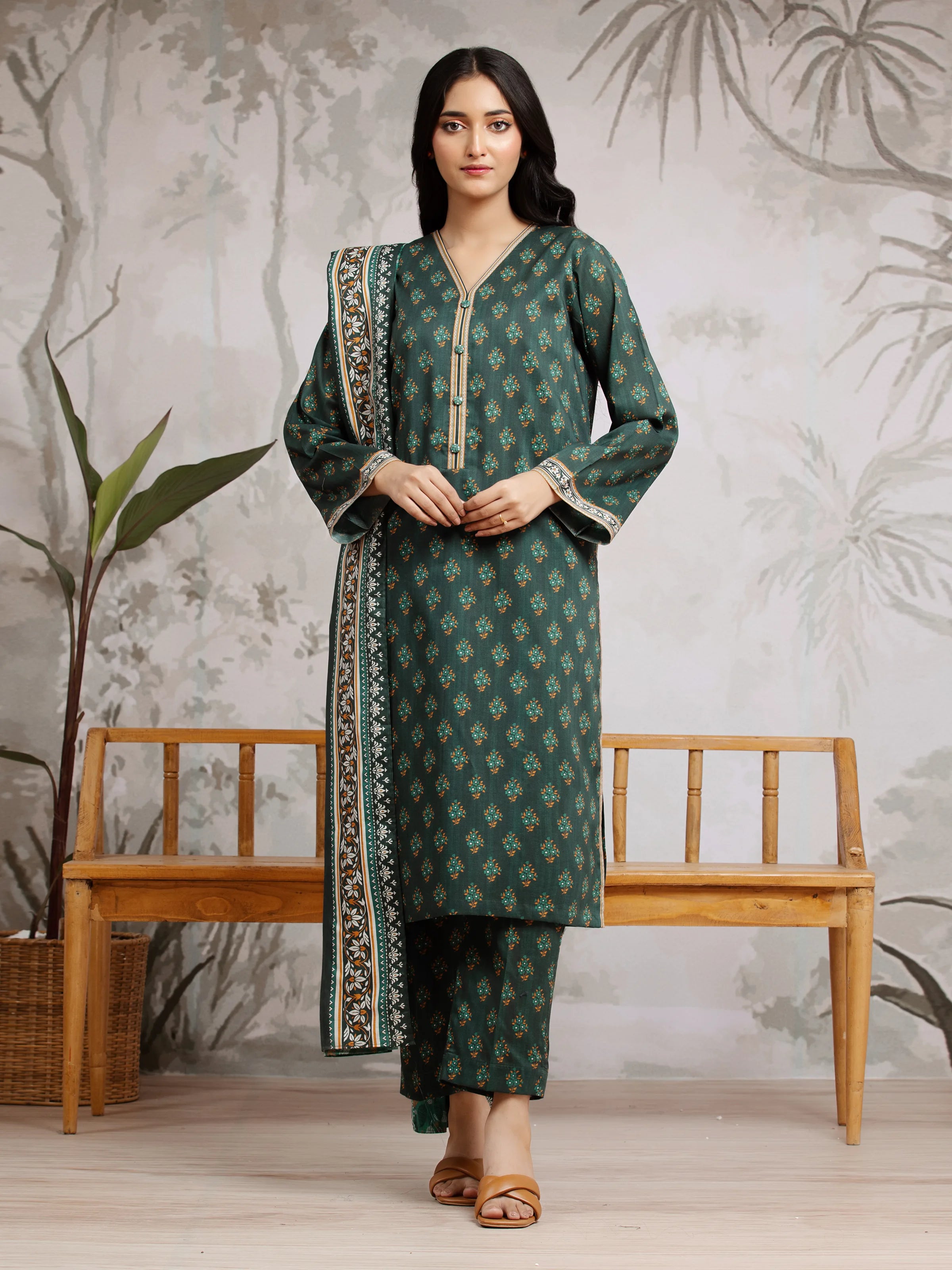 Unstitched Dark Teal Printed Khaddar 3 Piece - EWU24A3-29606-3P