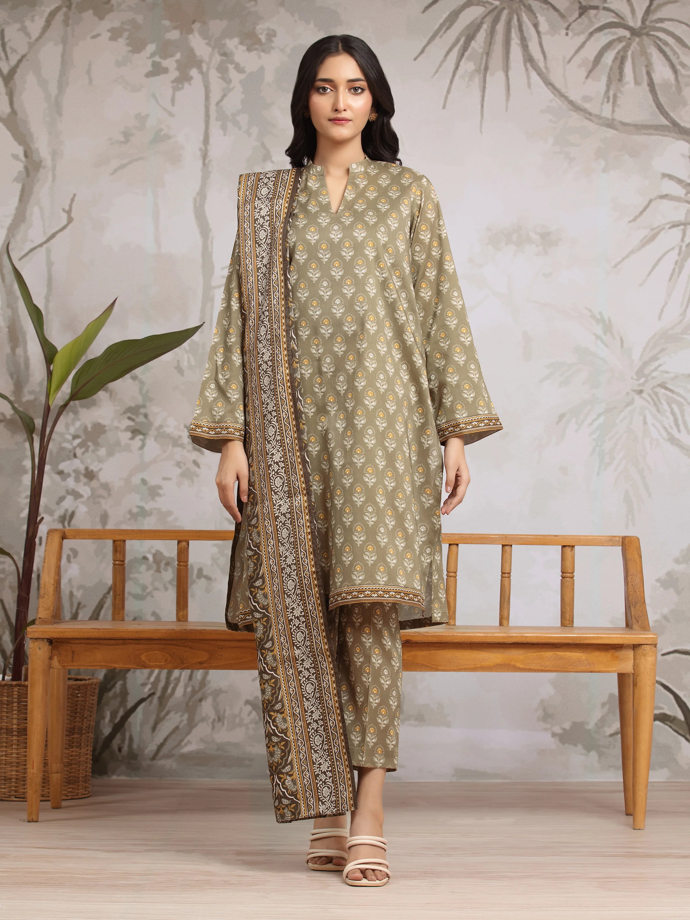 Unstitched Olive Printed Khaddar 3 Piece - EWU24A3-29608-3P