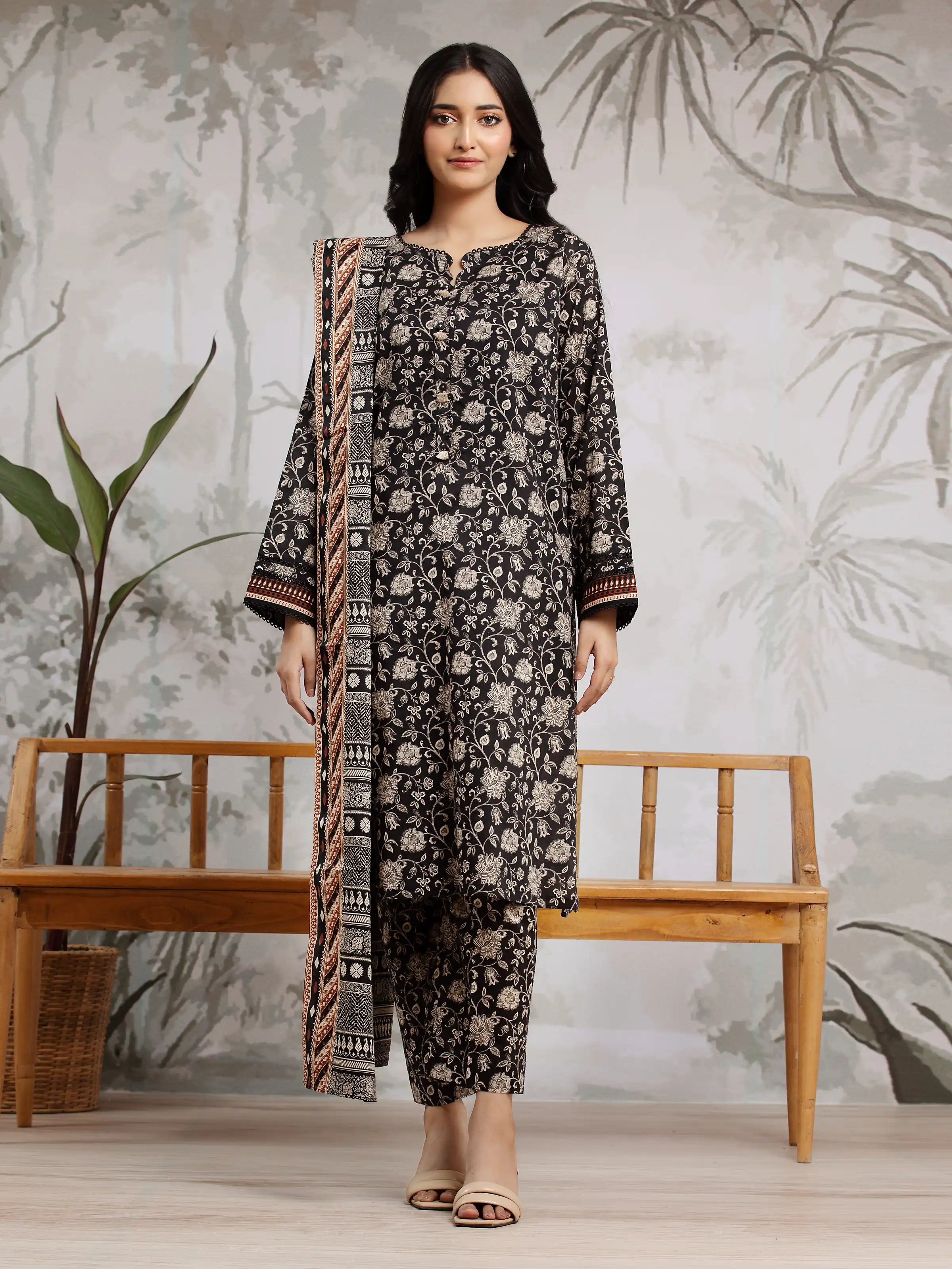 Unstitched Black Printed Khaddar 3 Piece - EWU24A3-29610-3P