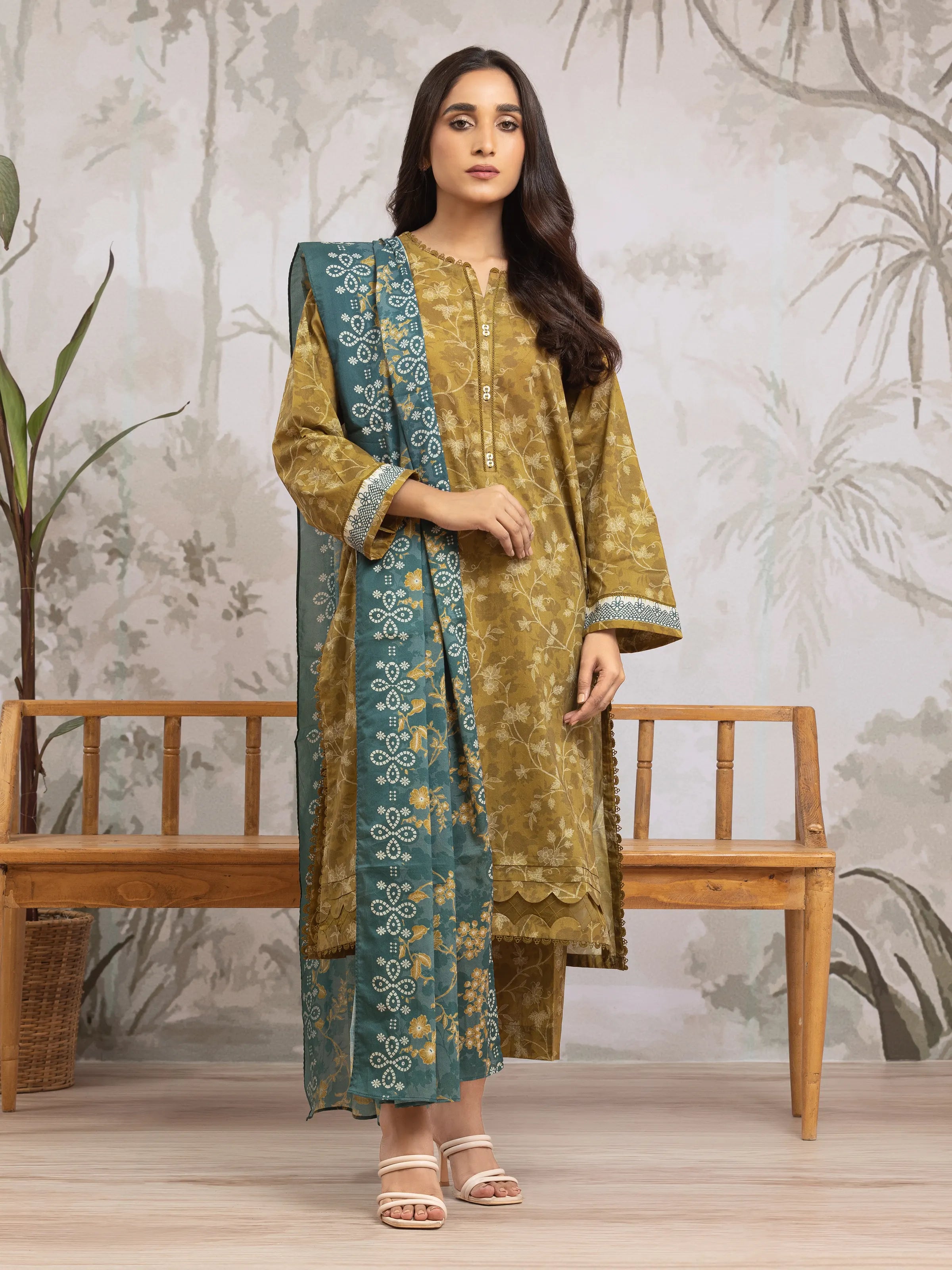 Unstitched Mehndi Printed Khaddar 3 Piece - EWU24A3-29612-3P