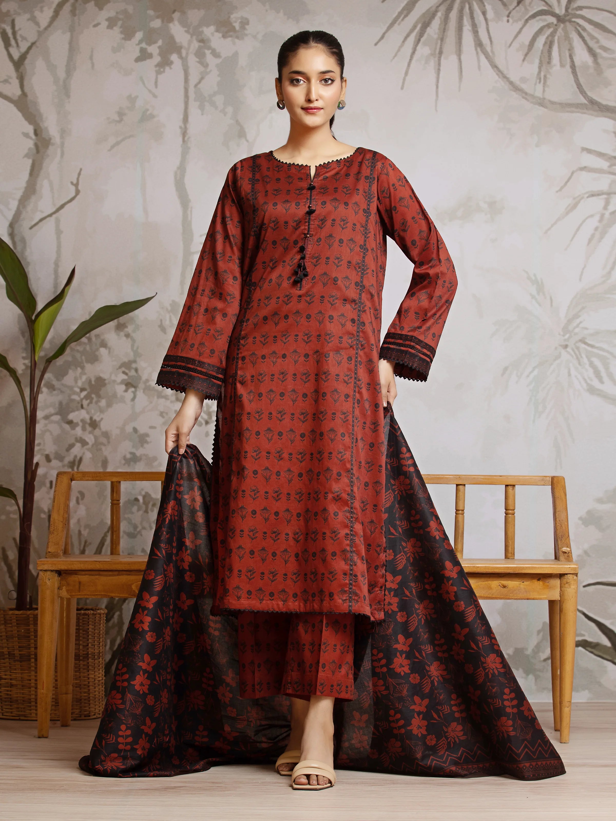 Unstitched Dark Maroon Printed Khaddar 3 Piece - EWU24A3-29623-3P