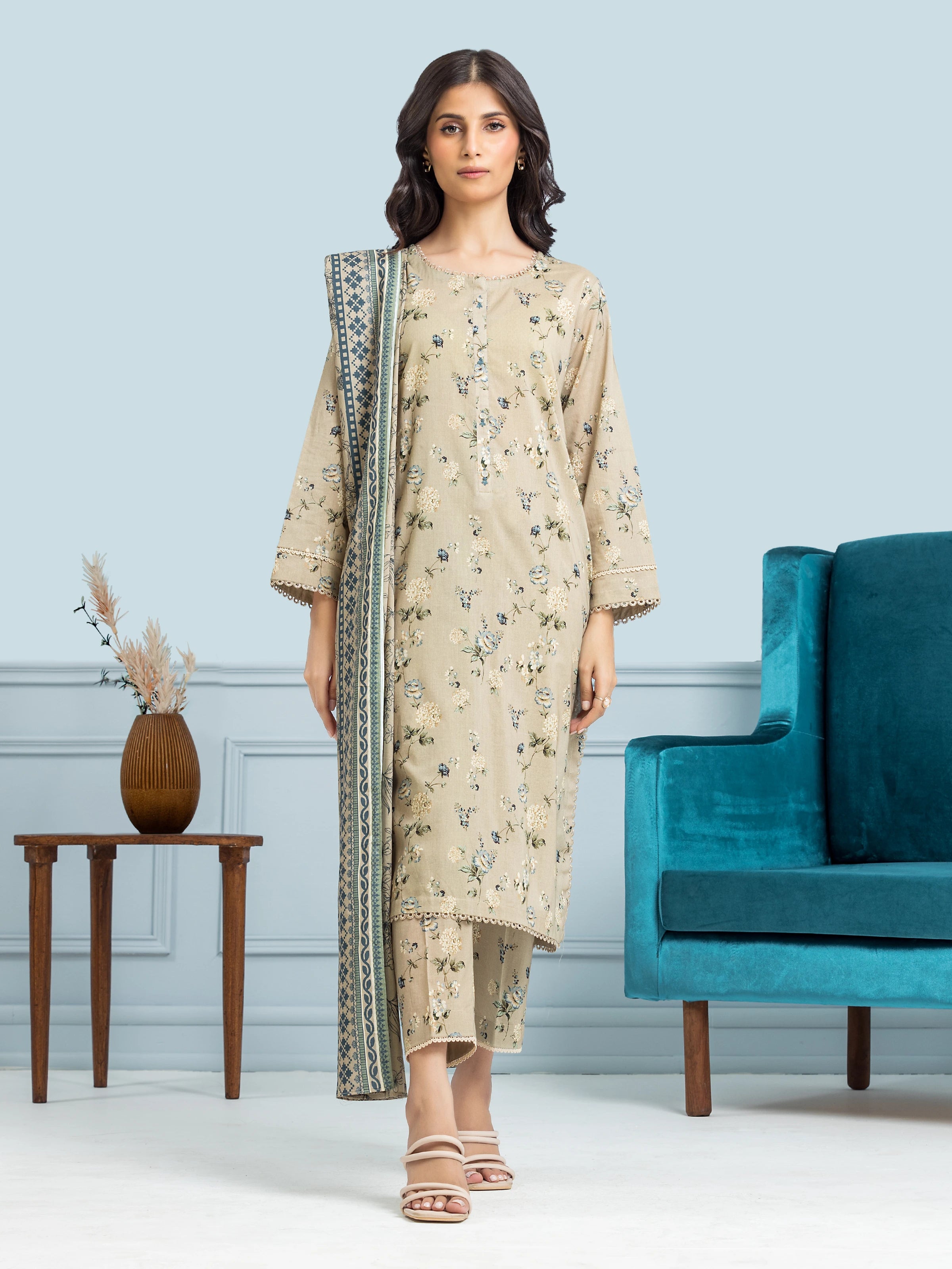 Unstitched Beige Printed Khaddar 3 Piece - EWU24A3-29642-3P