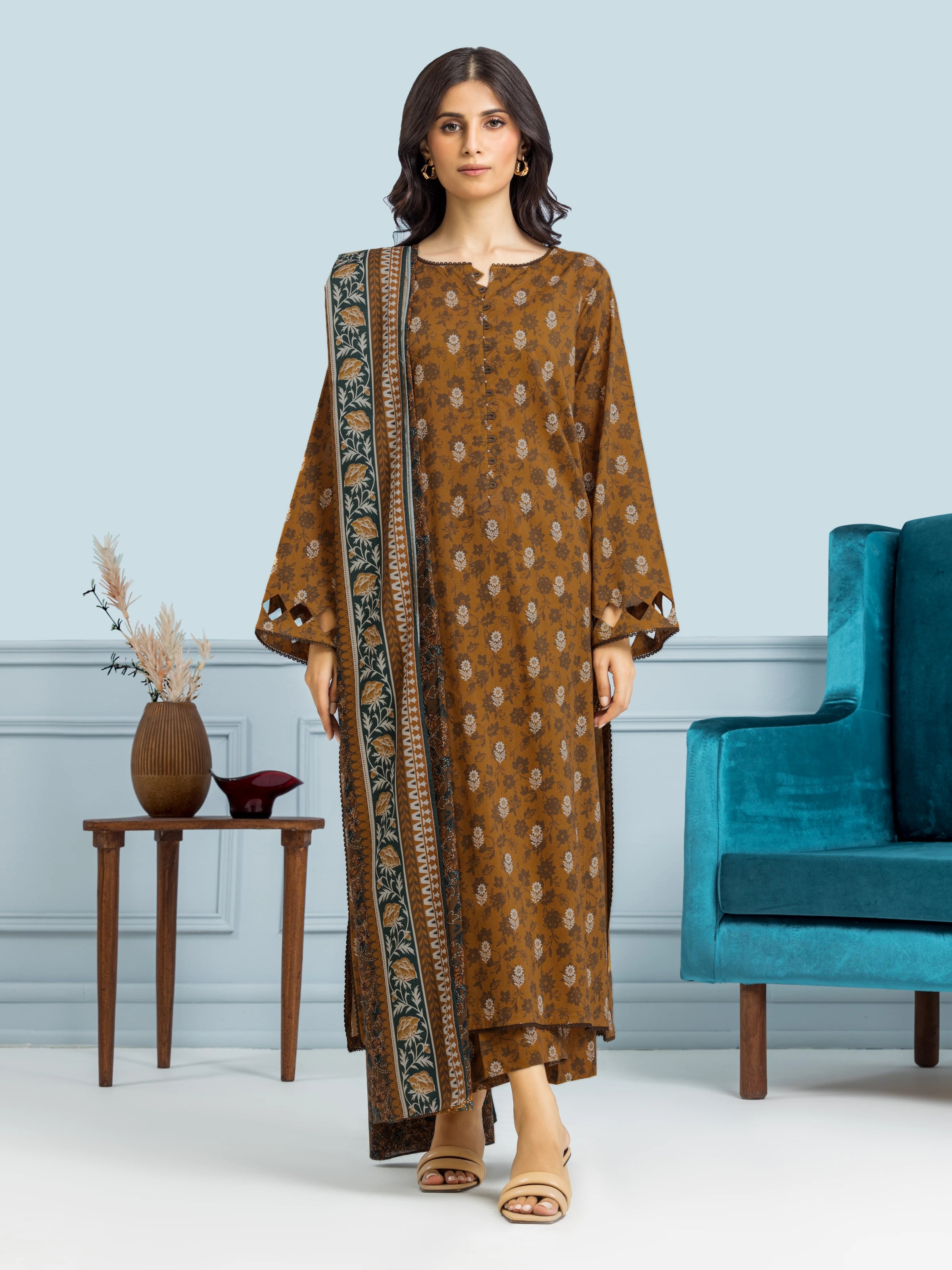 Unstitched Brown Printed Khaddar 3 Piece - EWU24A3-29643-3P