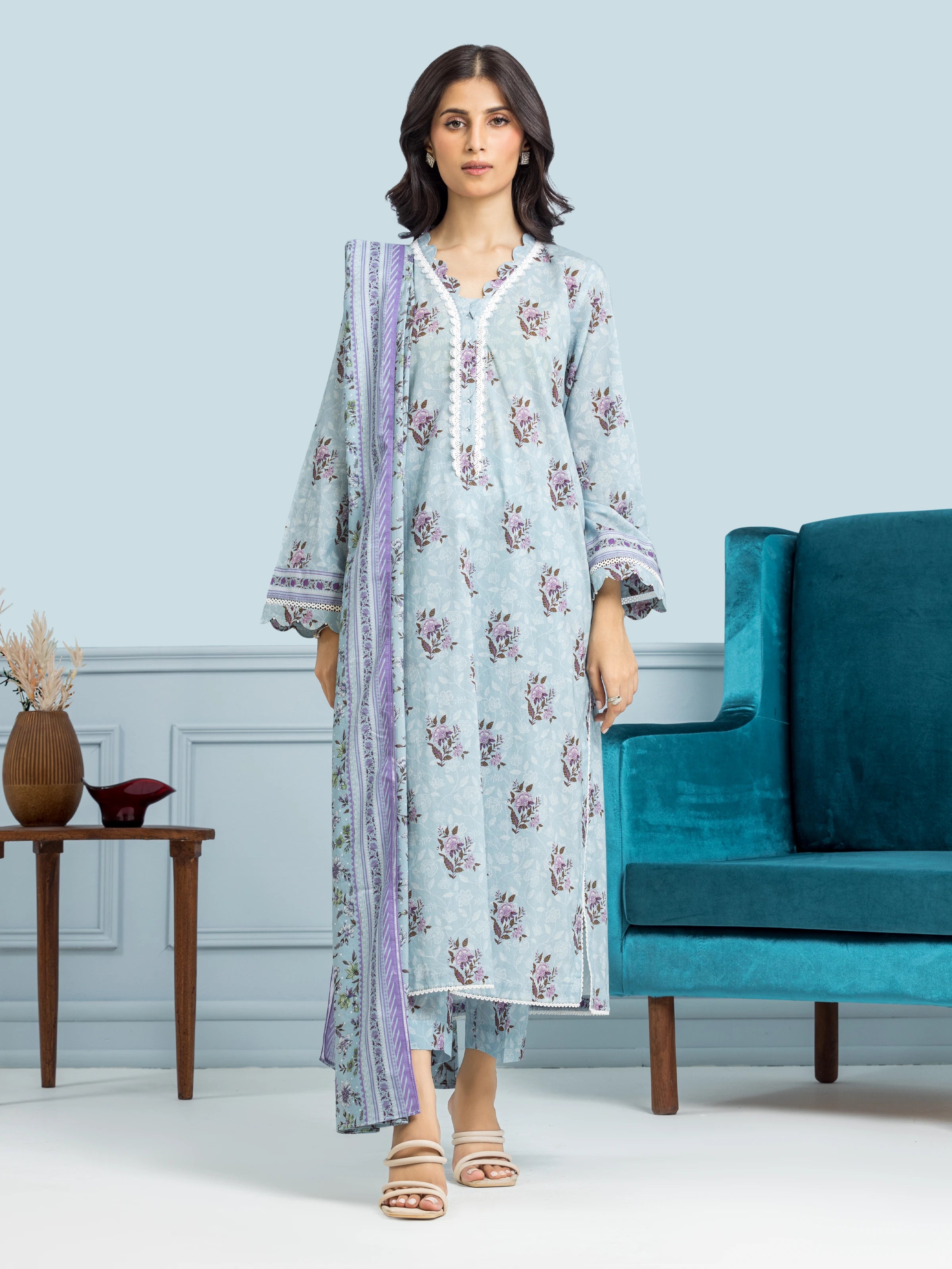 Unstitched Light Blue Printed Khaddar 3 Piece - EWU24A3-29648-3P