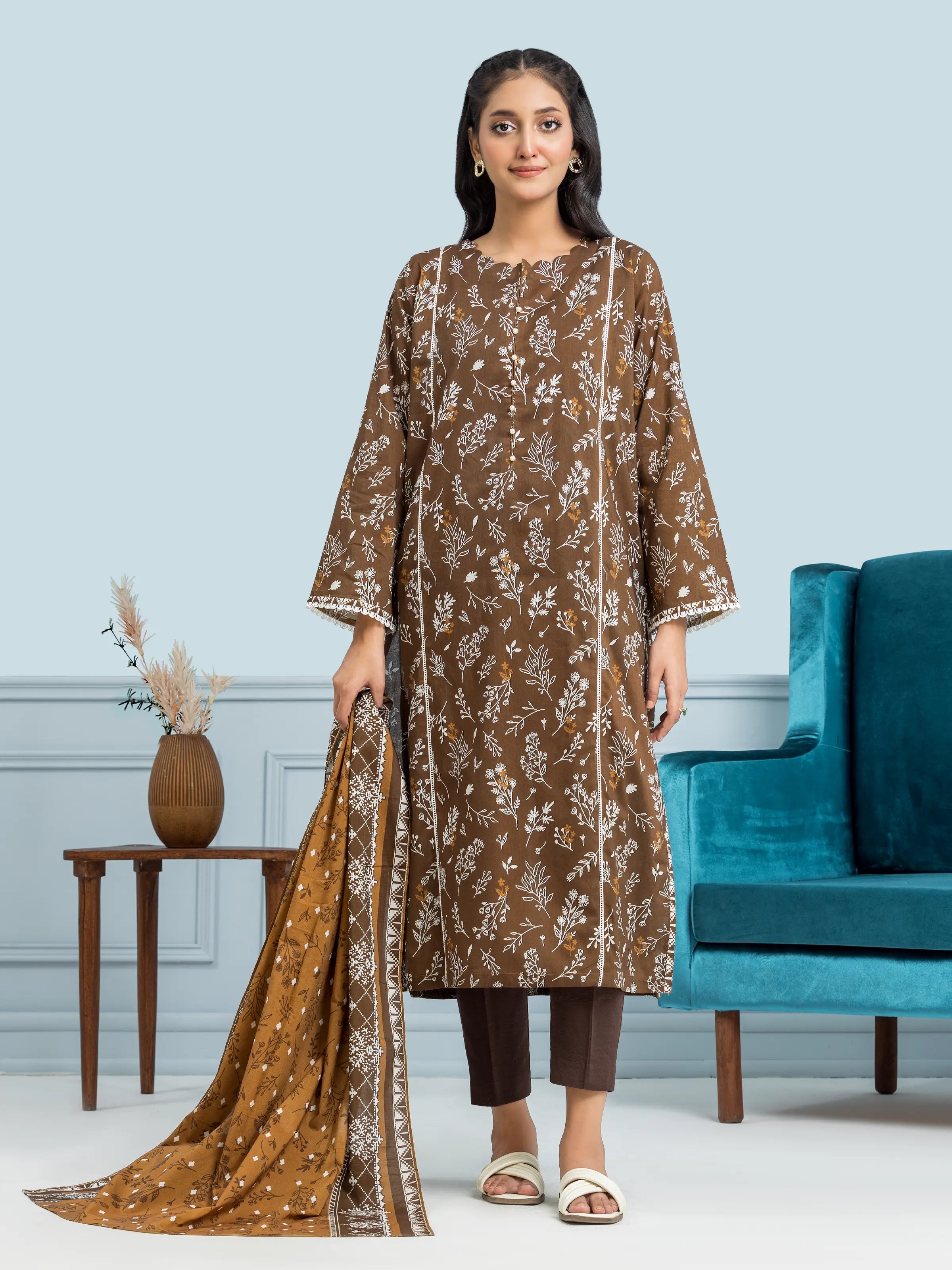 Unstitched Brown Printed Khaddar 3 Piece - EWU24A3-29651-3P