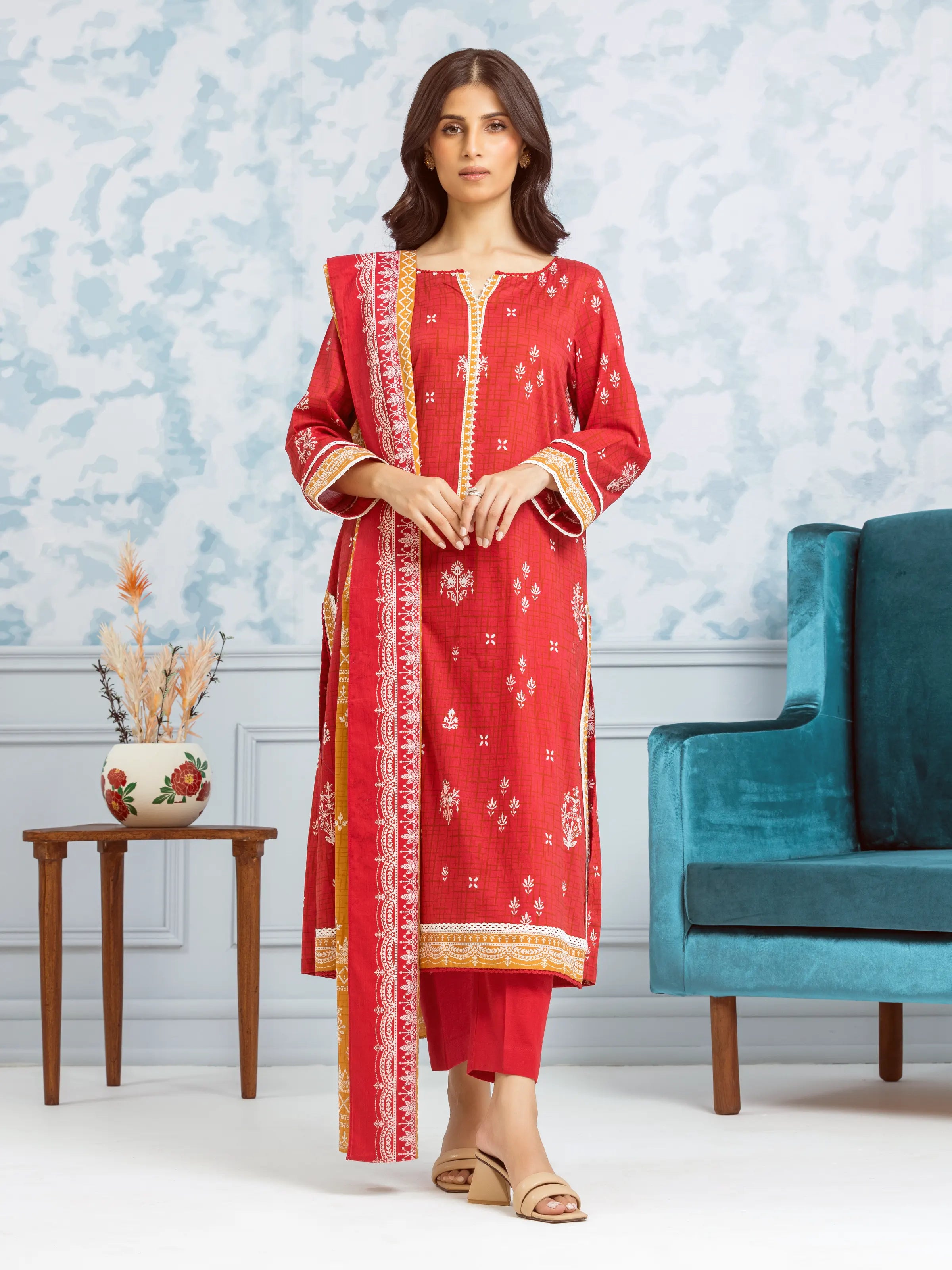 Unstitched Red Printed Khaddar 3 Piece - EWU24A3-29653-3P