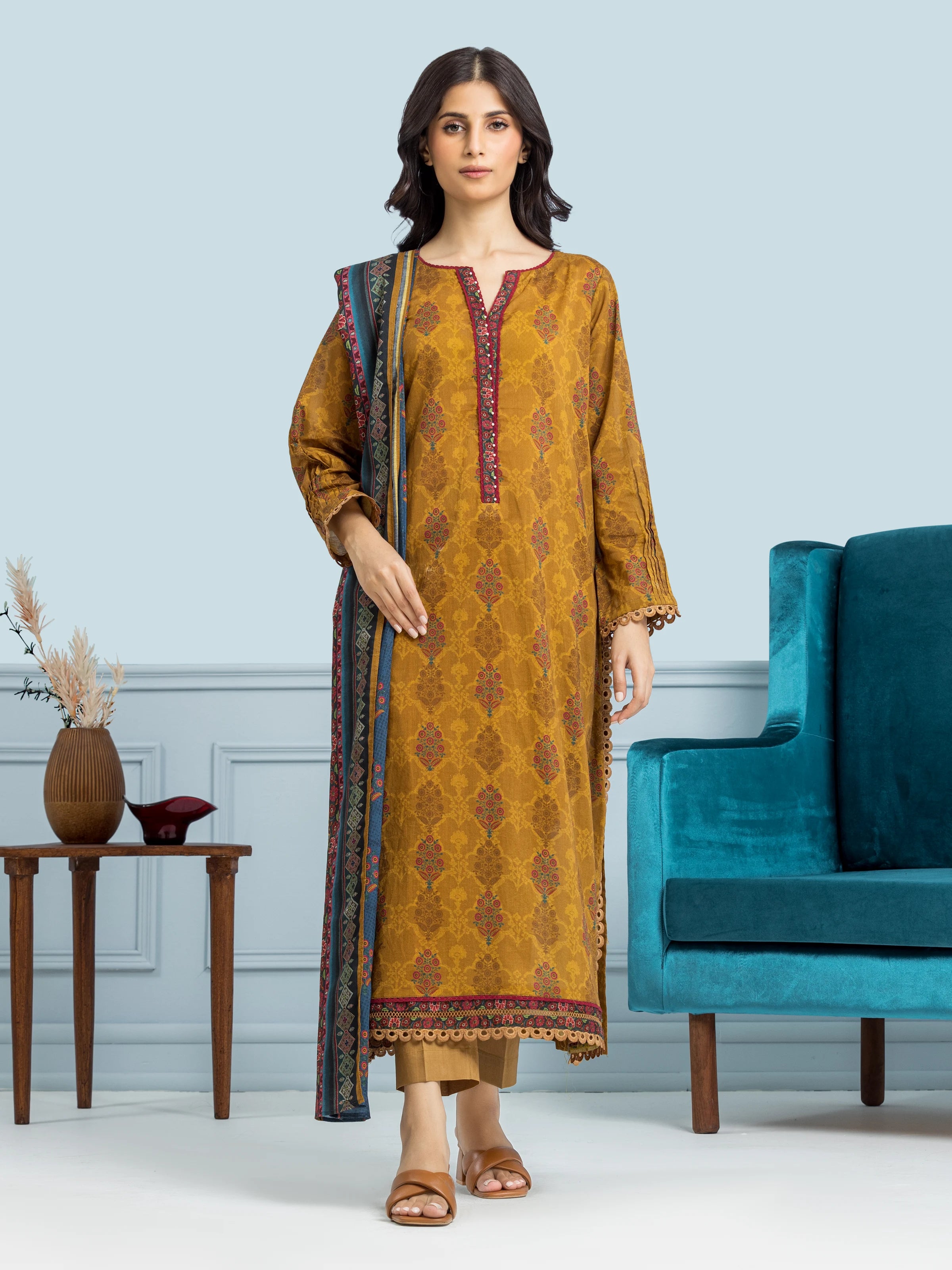 Unstitched Golden Printed Khaddar 3 Piece - EWU24A3-29656-3P