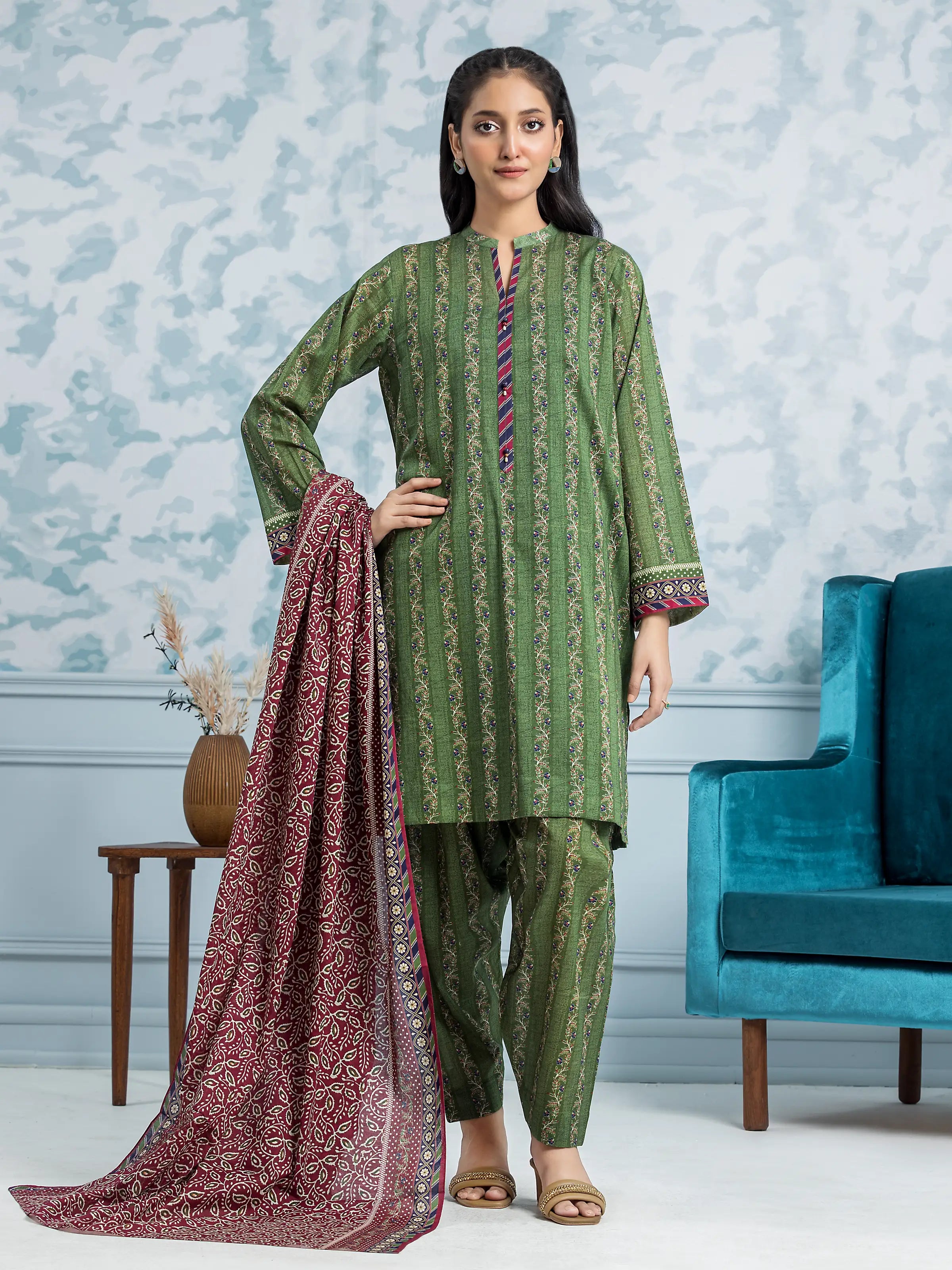 Unstitched Green Printed Khaddar 3 Piece - EWU24A3-29702-3P