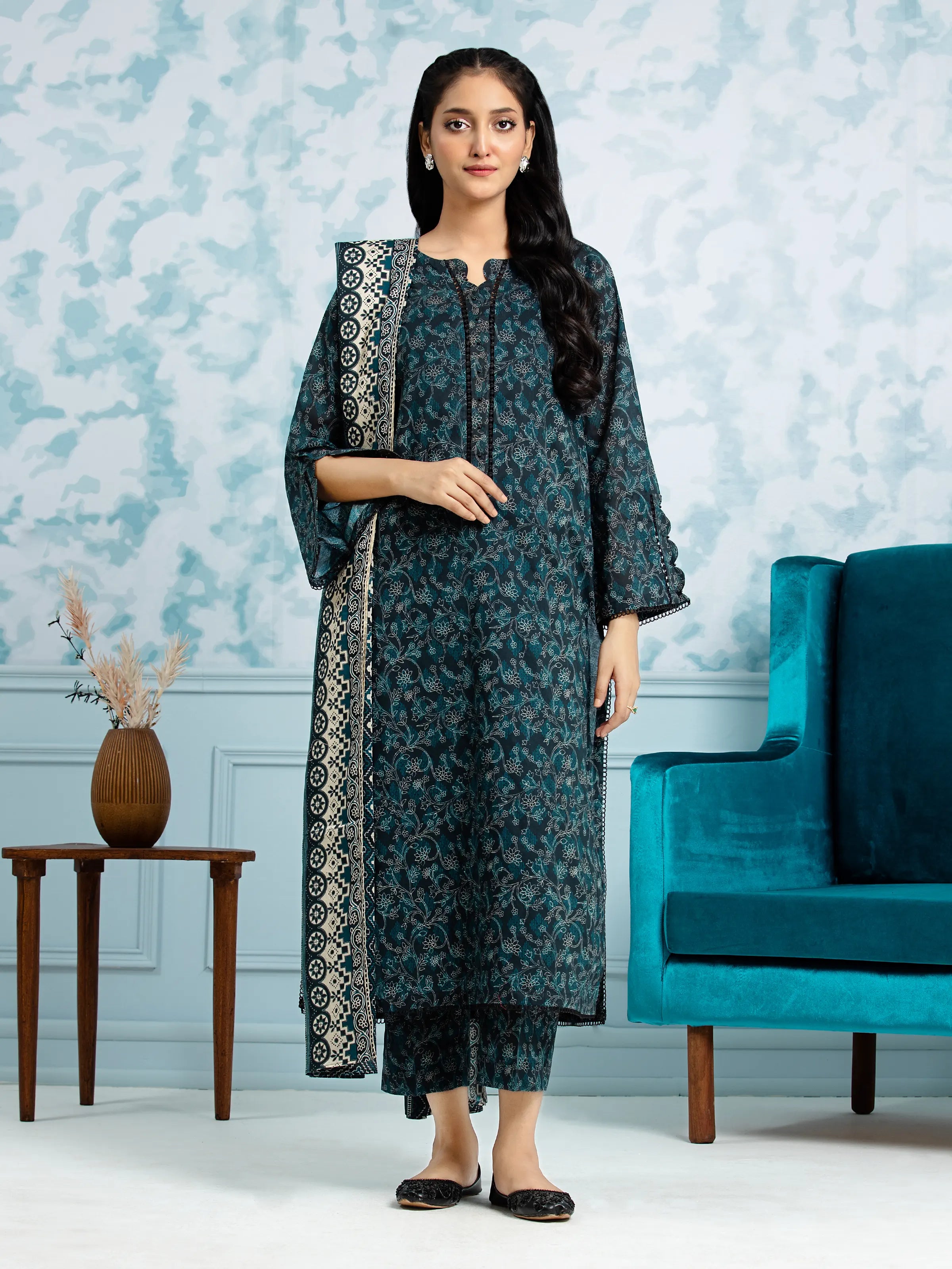 Unstitched Dark Teal Printed Khaddar 3 Piece - EWU24A3-29704-3P