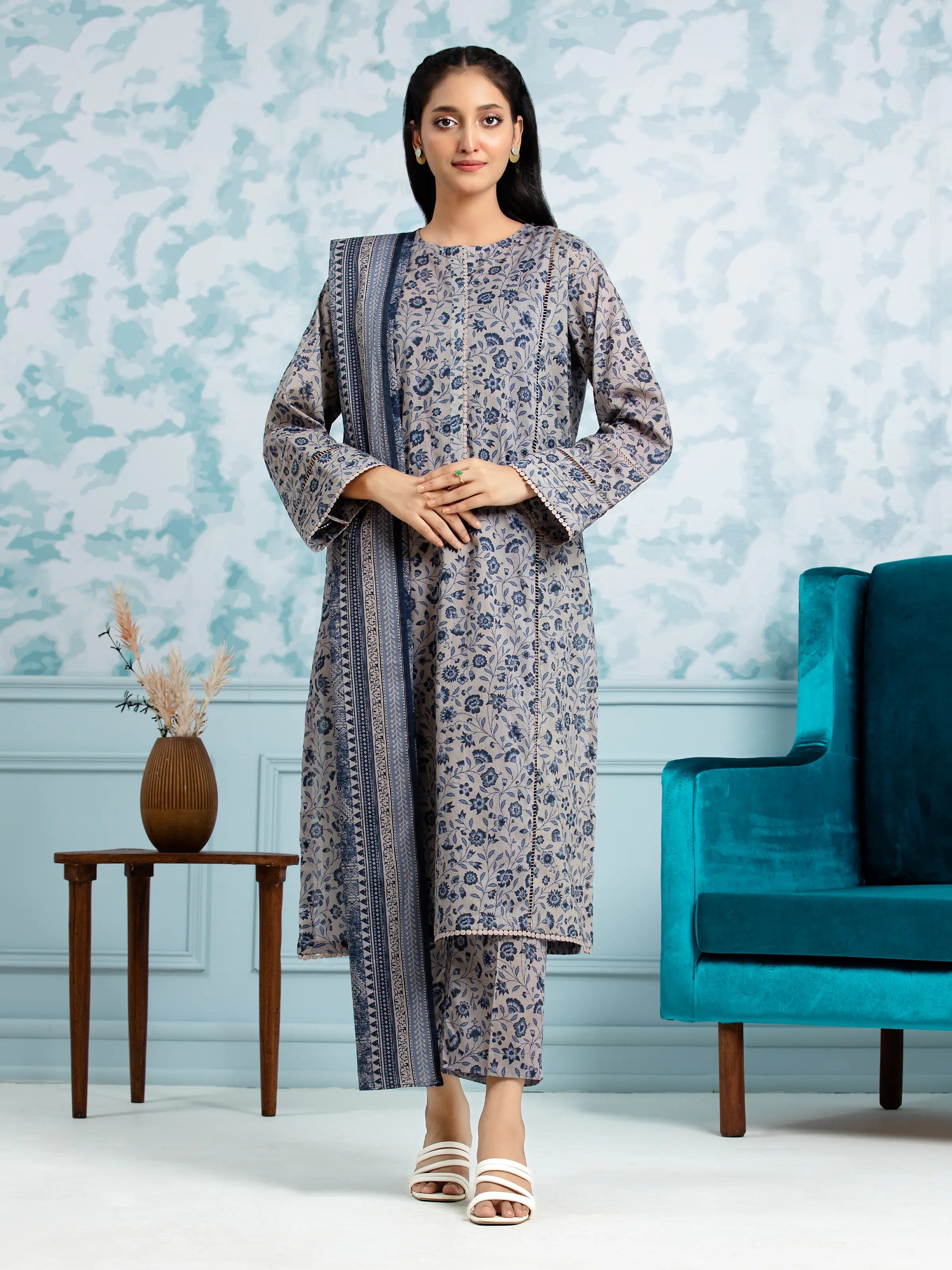 Unstitched Light Coffee Printed Khaddar 3 Piece - EWU24A3-29705-3P