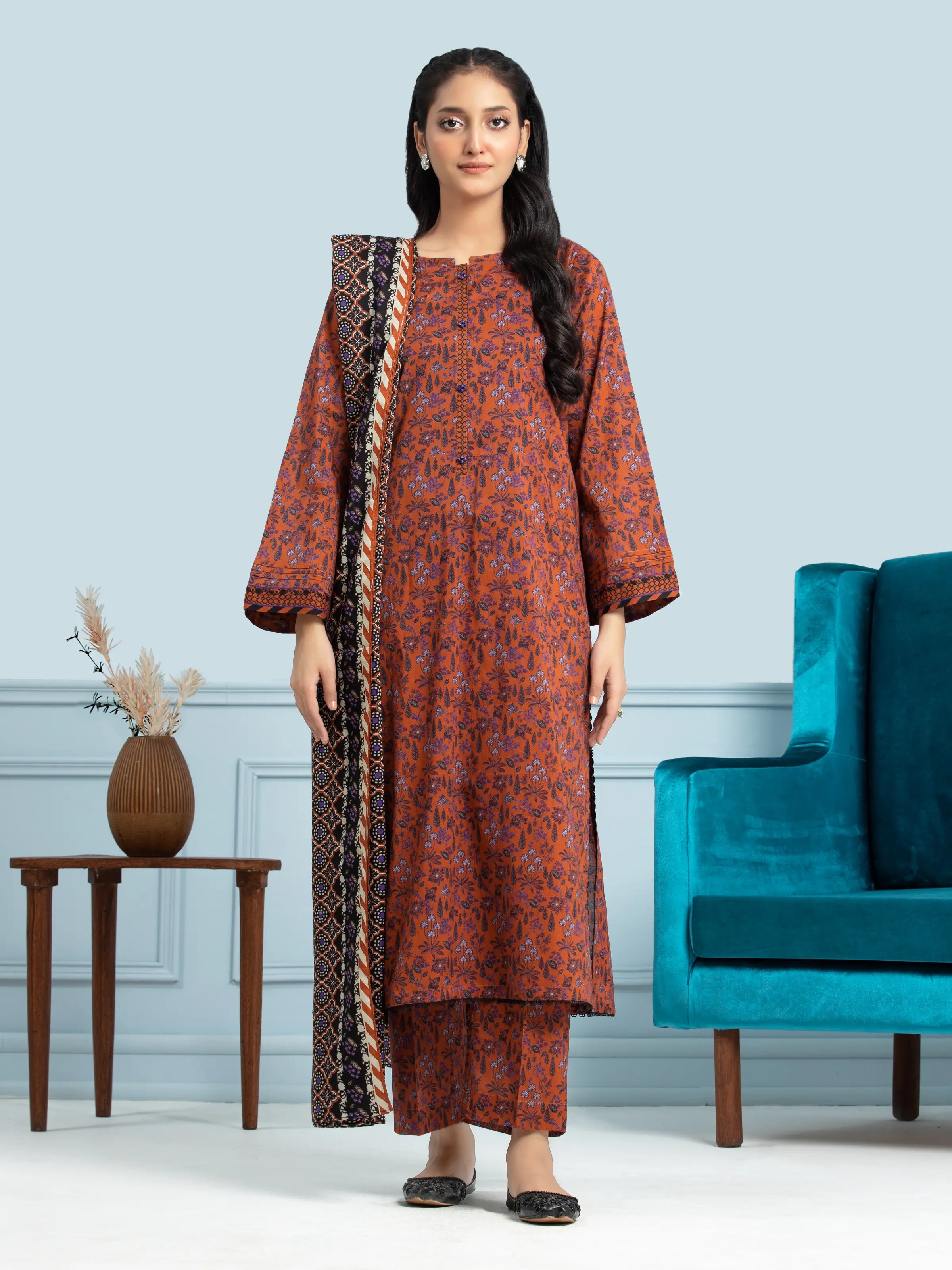 Unstitched Rust Printed Khaddar 3 Piece - EWU24A3-29707-3P