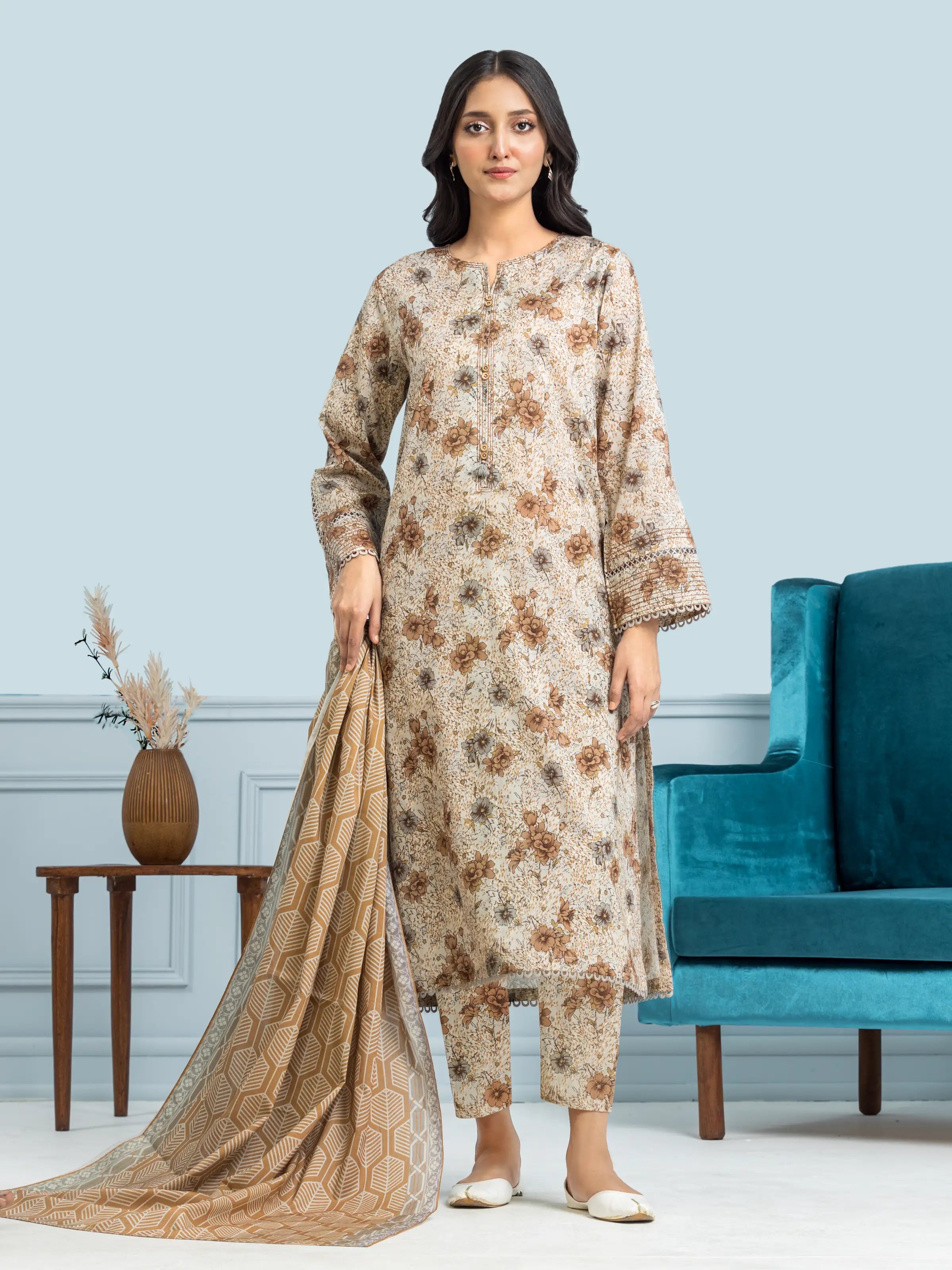 Unstitched Light Beige Printed Khaddar 3 Piece - EWU24A3-29709-3P