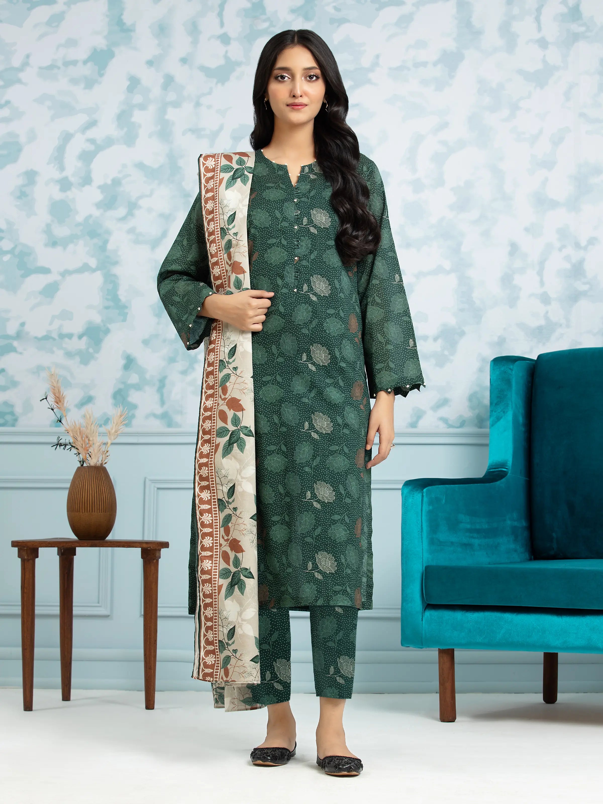 Unstitched Bottle Green Printed Khaddar 3 Piece - EWU24A3-29712-3P