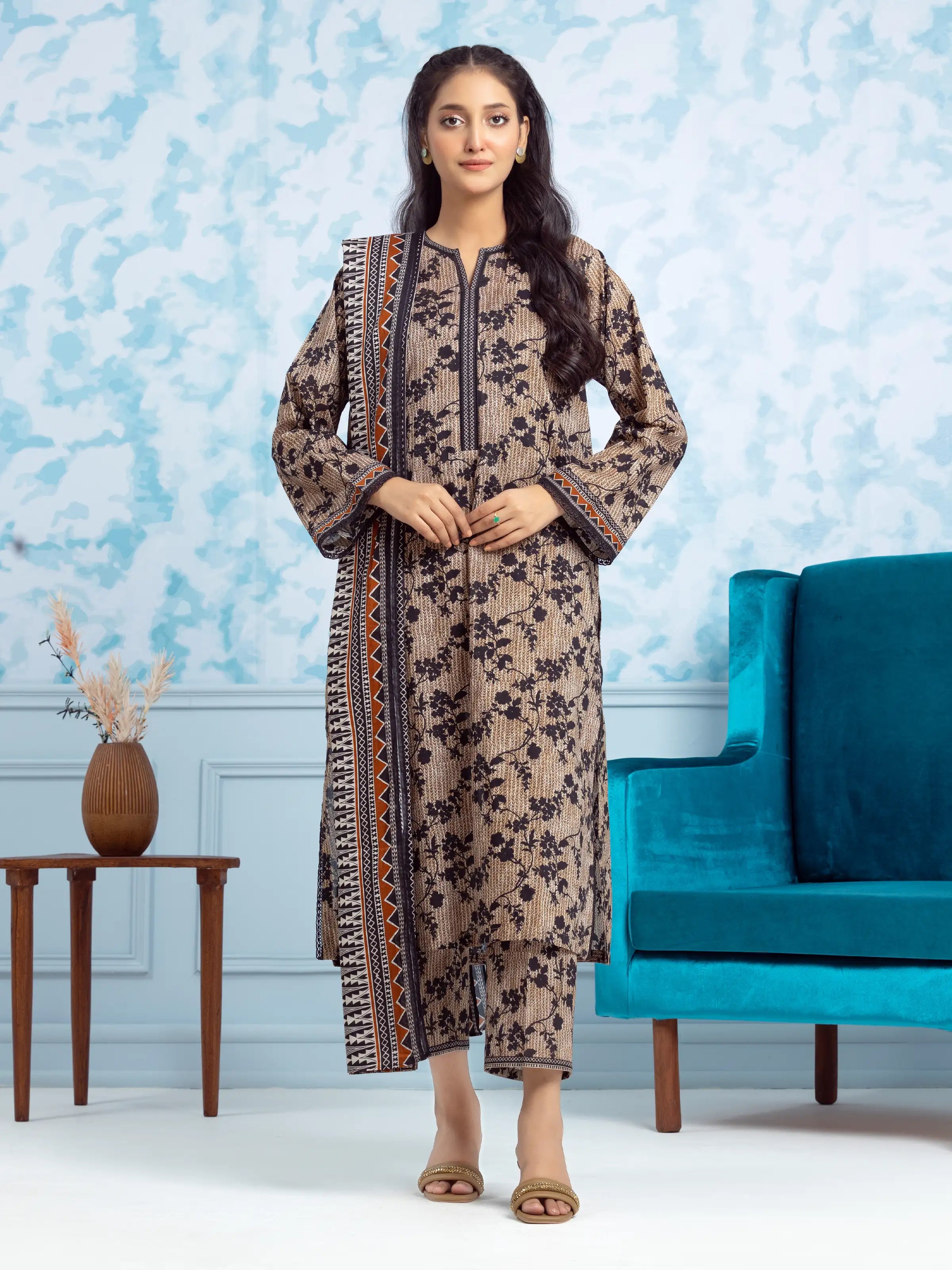 Unstitched Beige & Black Printed Khaddar 3 Piece - EWU24A3-29714-3P