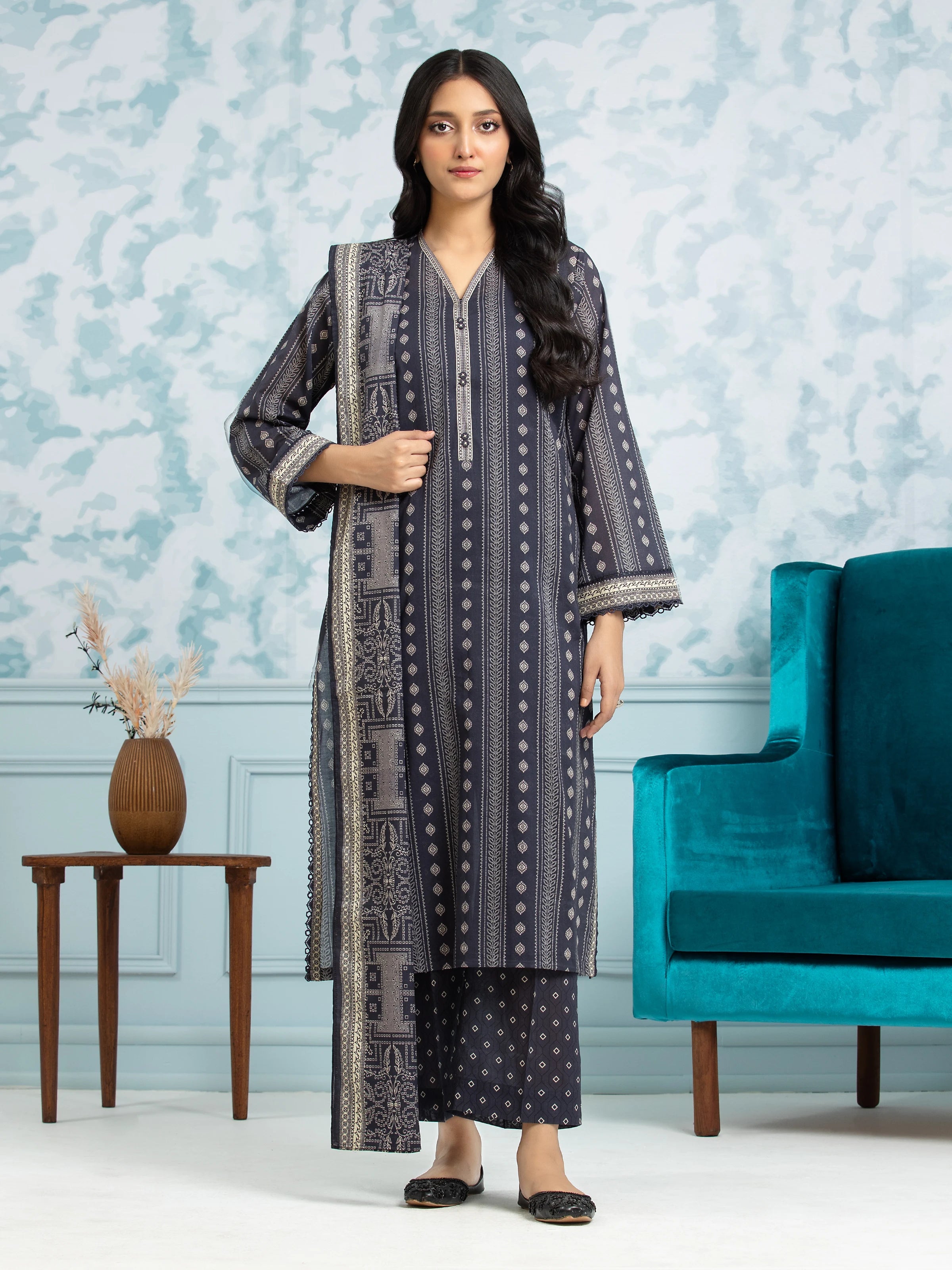 Unstitched Navy Blue Printed Khaddar 3 Piece - EWU24A3-29716-3P