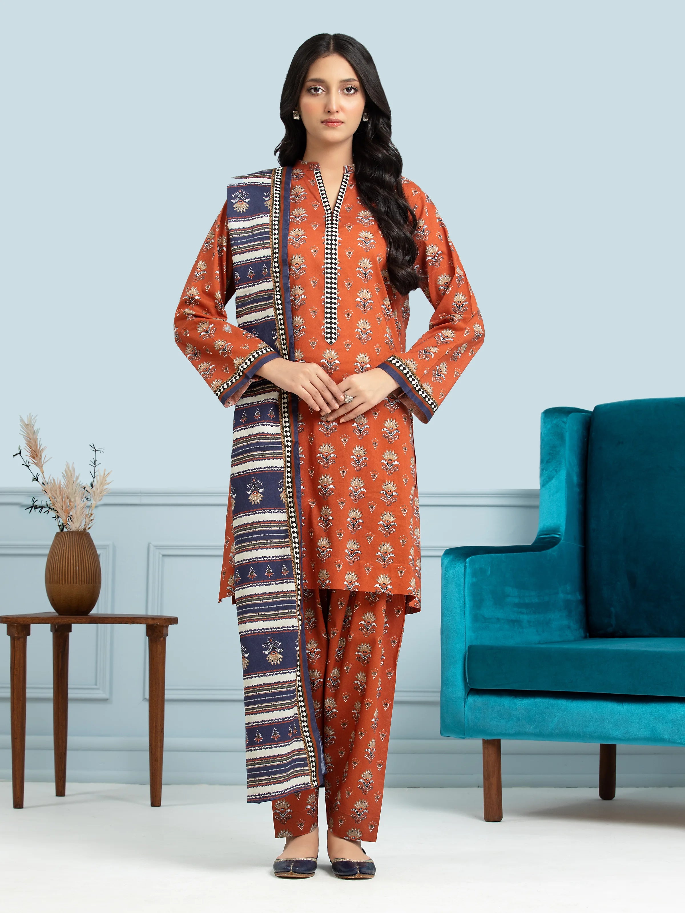 Unstitched Rust Printed Khaddar 3 Piece - EWU24A3-29717-3P