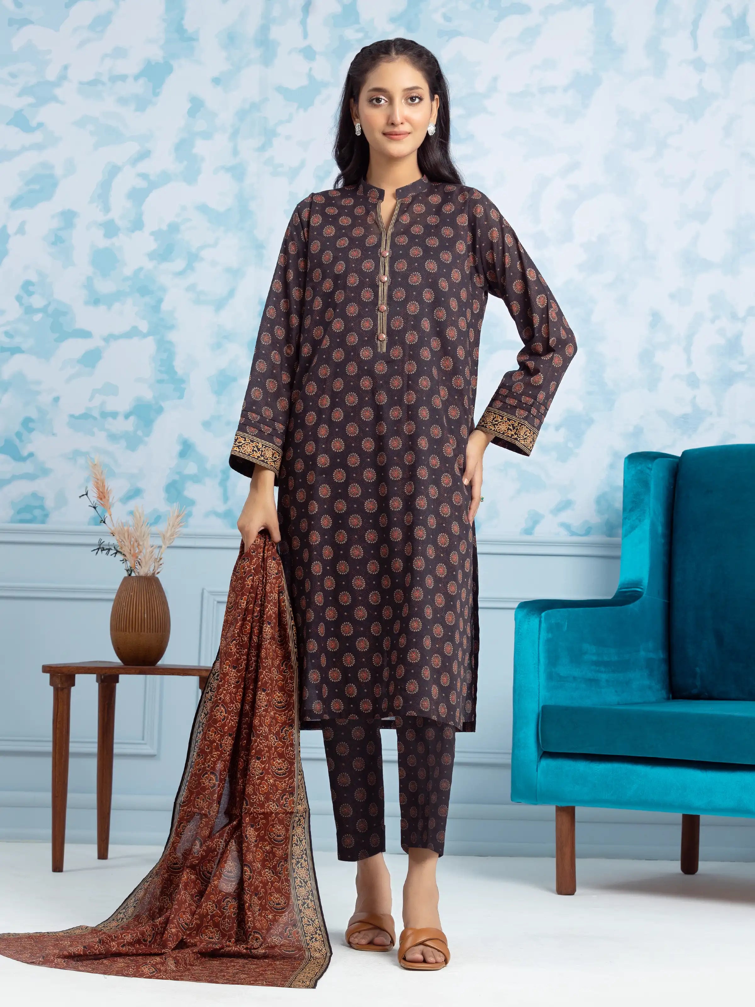 Unstitched Dark Brown Printed Khaddar 3 Piece - EWU24A3-29718-3P