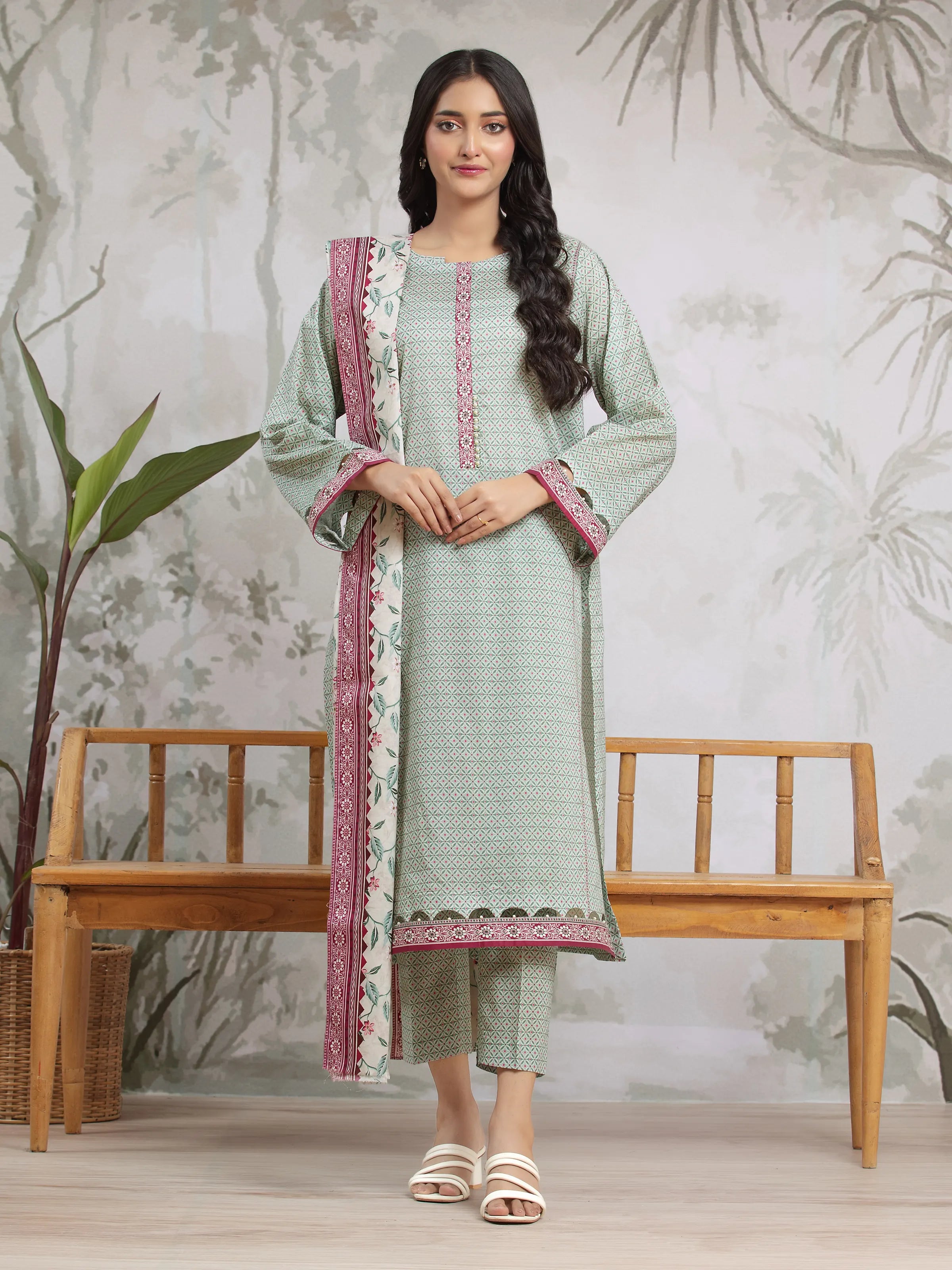 Unstitched Mist Green Printed Khaddar 3 Piece - EWU24A3-29801-3P