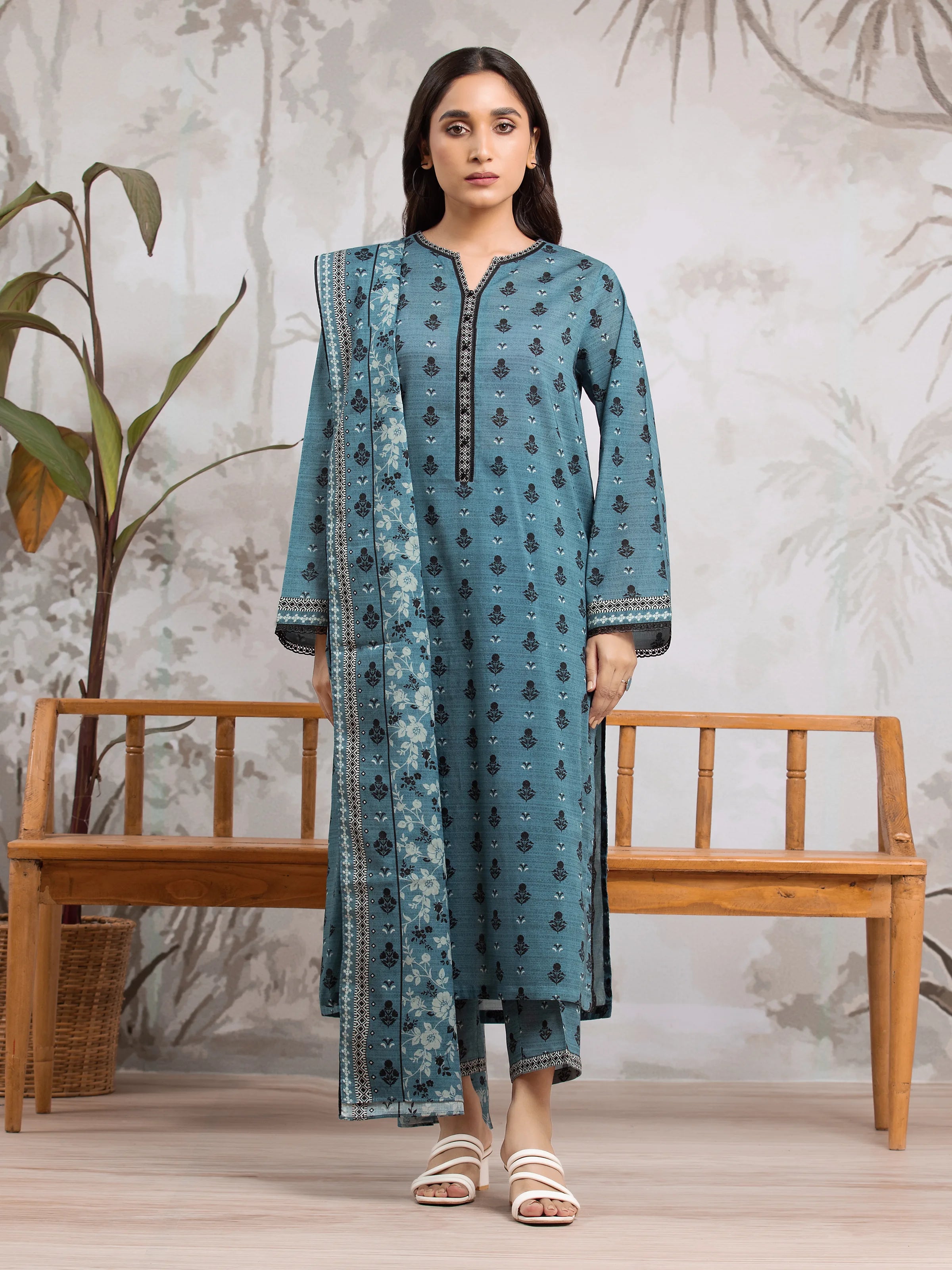 Unstitched Dark Turquoise Printed Khaddar 3 Piece - EWU24A3-29803-3P