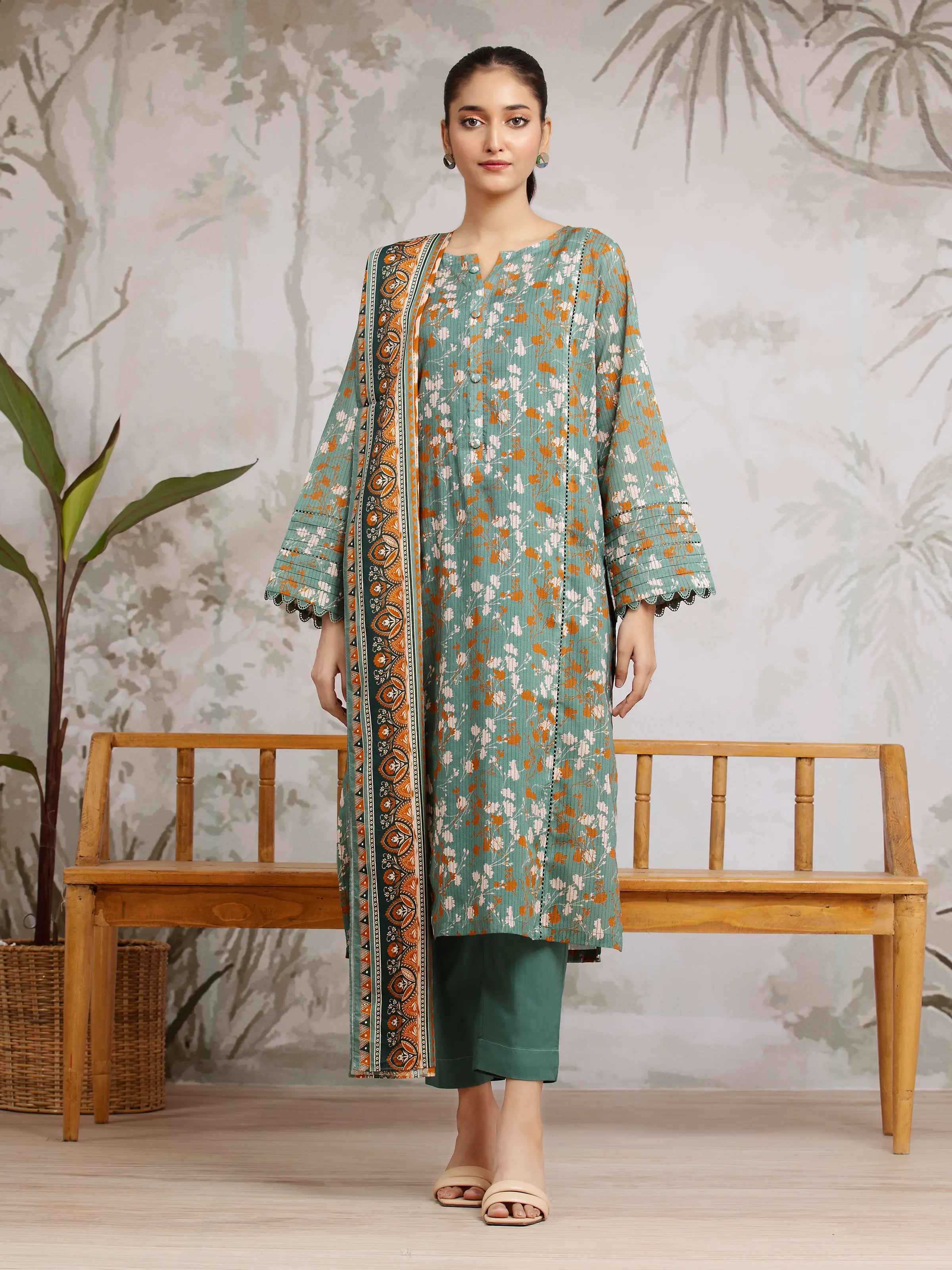 Unstitched Sea Green Printed Khaddar 3 Piece - EWU24A3-29805-3P