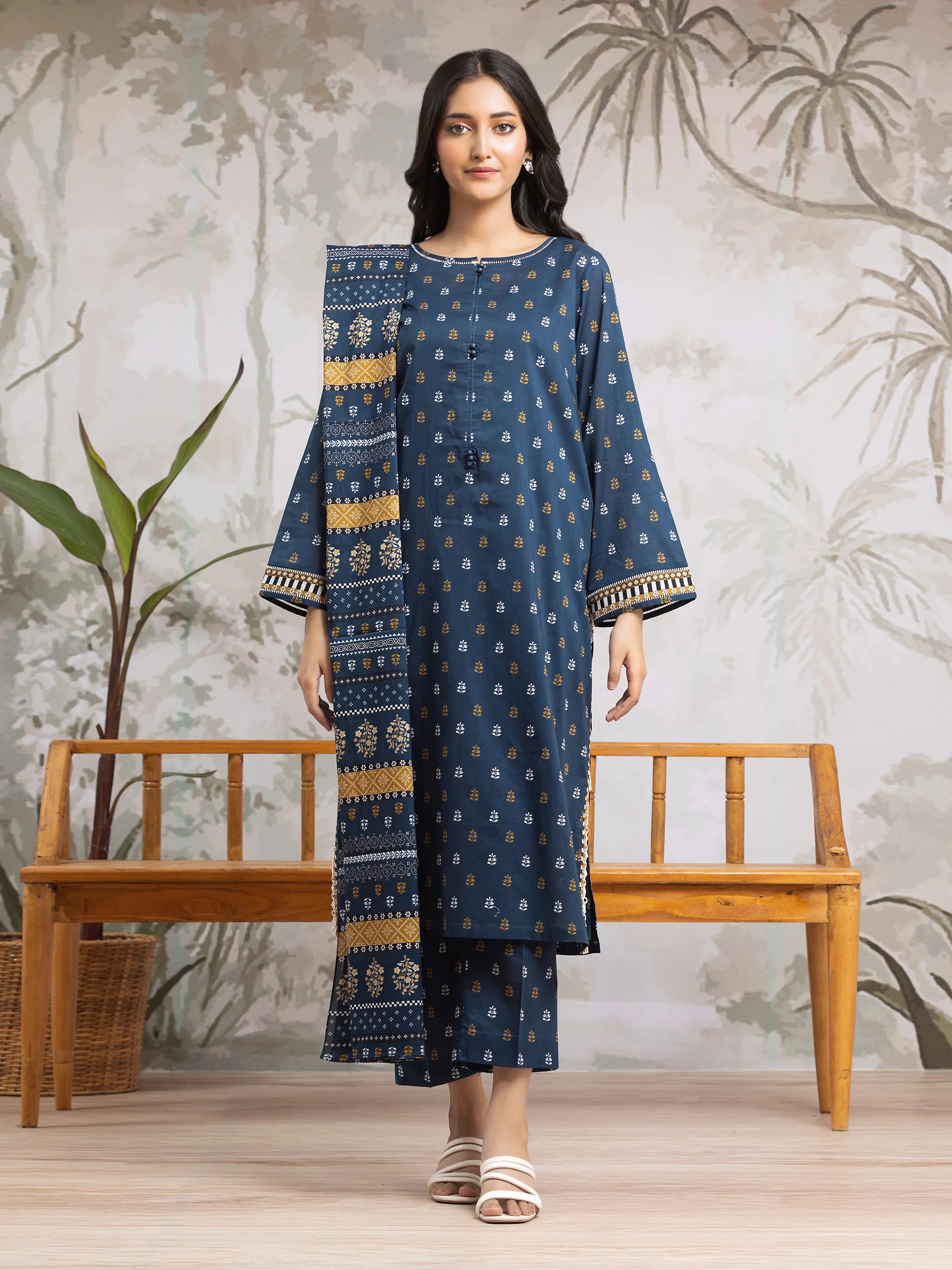 Unstitched Navy Blue Printed Khaddar 3 Piece - EWU24A3-29808-3P