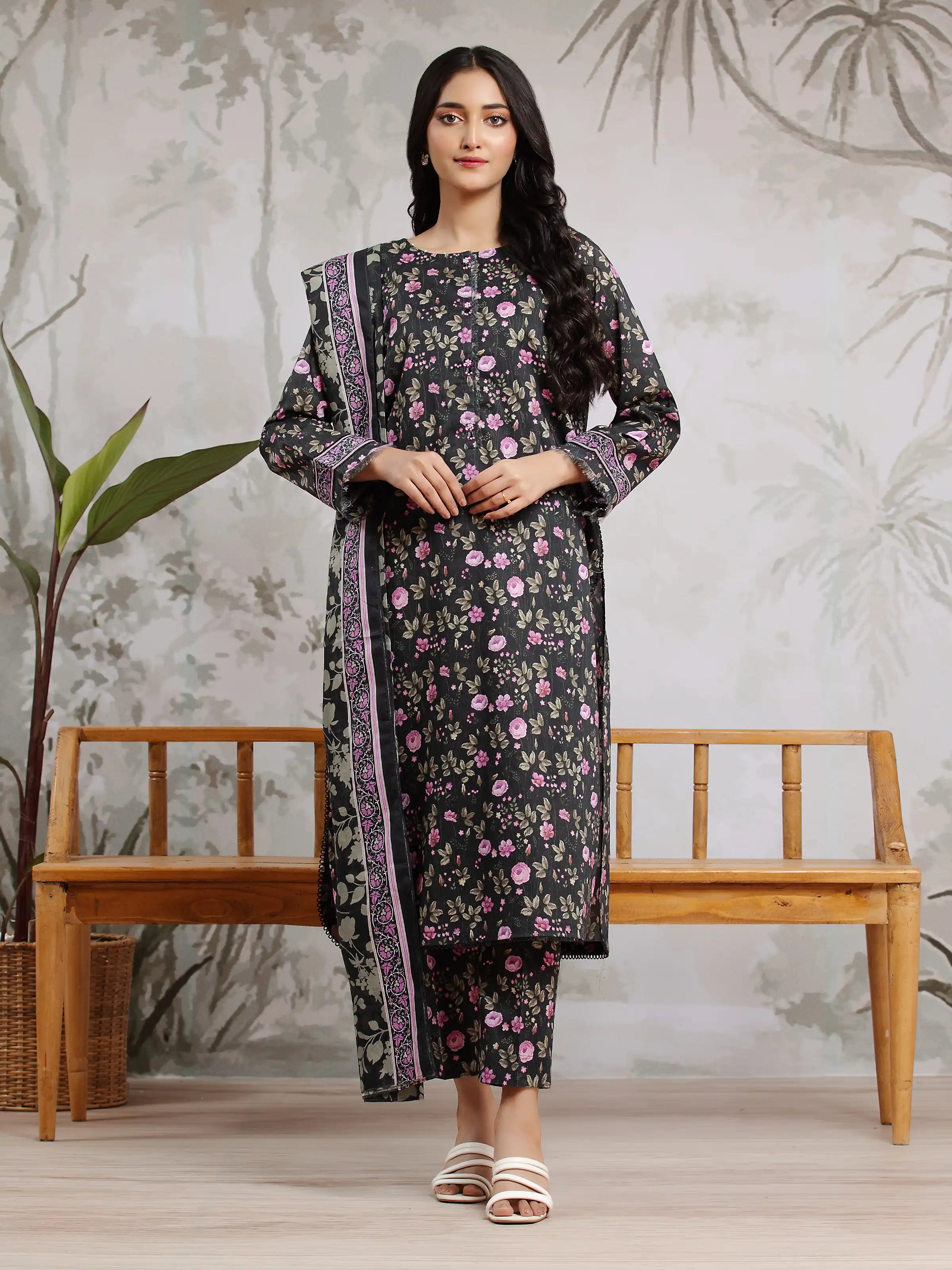 Unstitched Black Printed Khaddar 3 Piece - EWU24A3-29809-3P