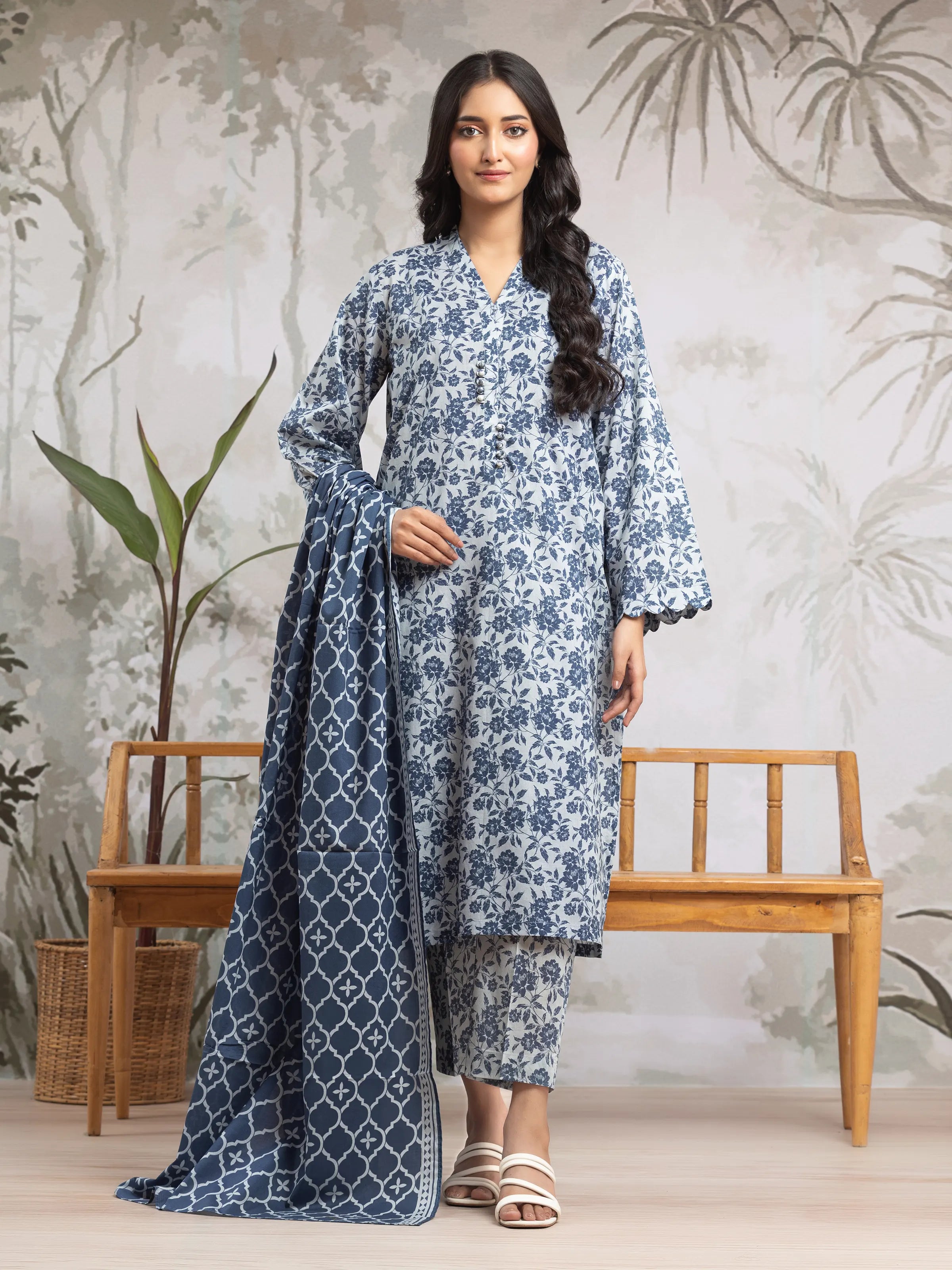 Unstitched Grey & Blue Printed Khaddar 3 Piece - EWU24A3-29816-3P