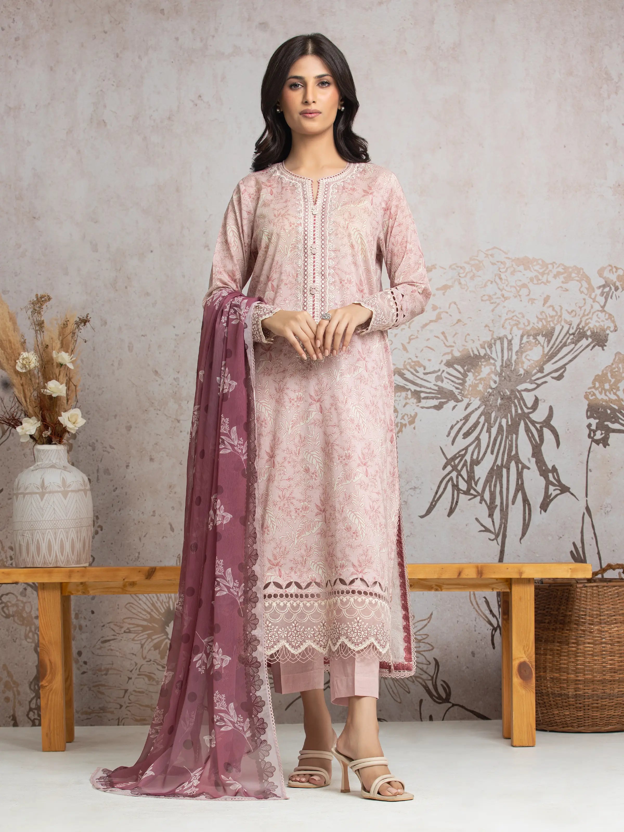 Unstitched Light Pink Embroidered Cambric 3 Piece - EWU24V2-30030-3P