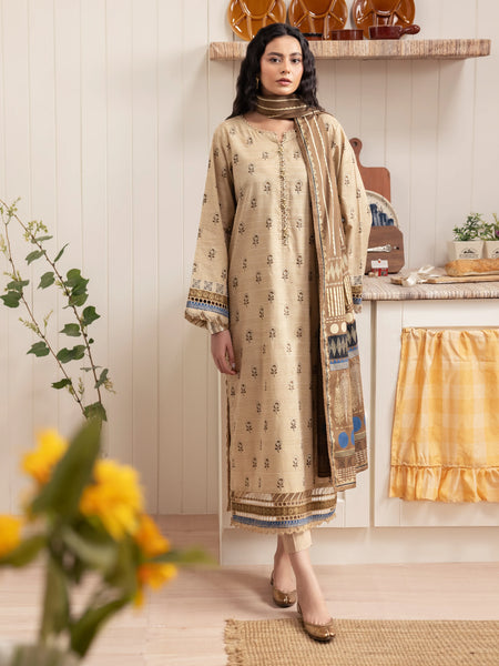 Unstitched Dark Beige Block Print Cambric 3 Piece - EWU24M1-049