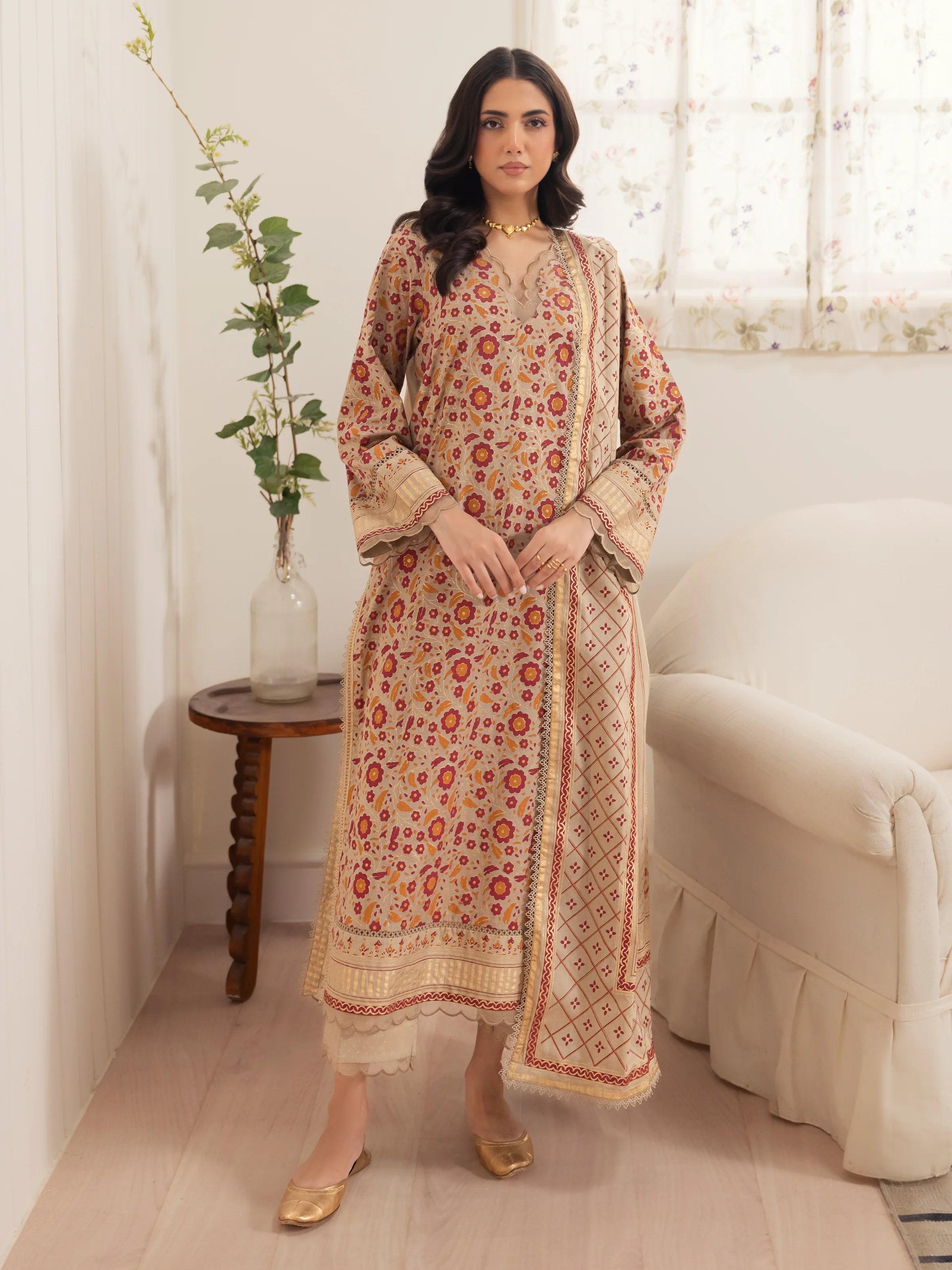 Unstitched Beige Block Print Cambric 3 Piece - EWU24M1-058