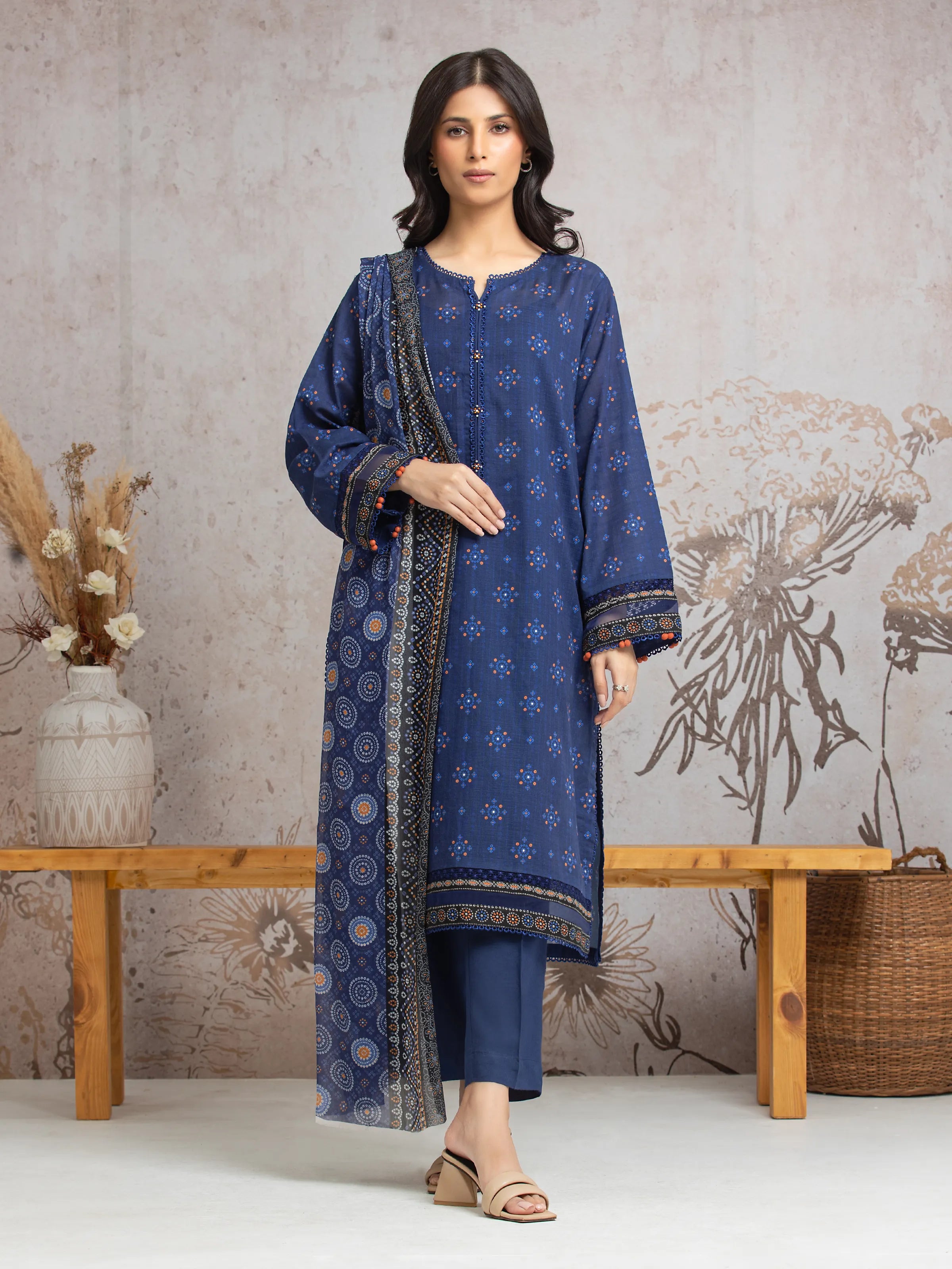 Unstitched Navy Blue Printed Cambric 3 Piece - EWU24M2-024