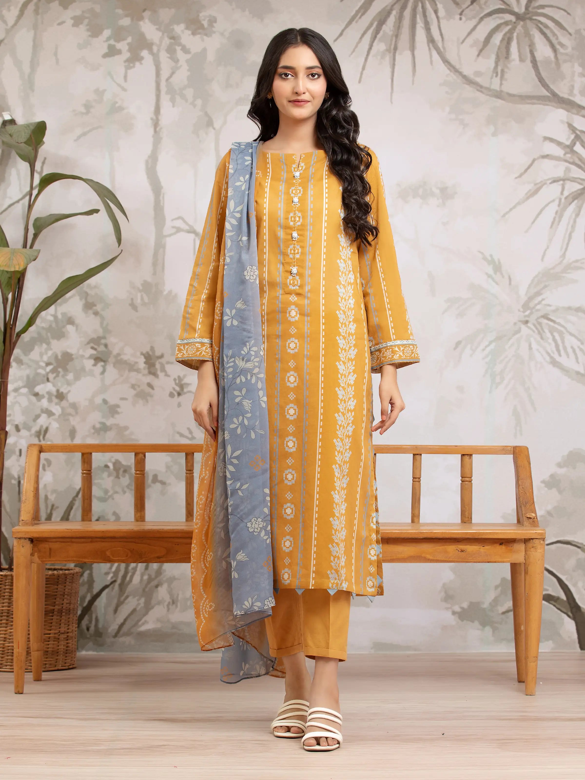 Unstitched Light Mustard Printed Khaddar 3 Piece - EWU24M2-172