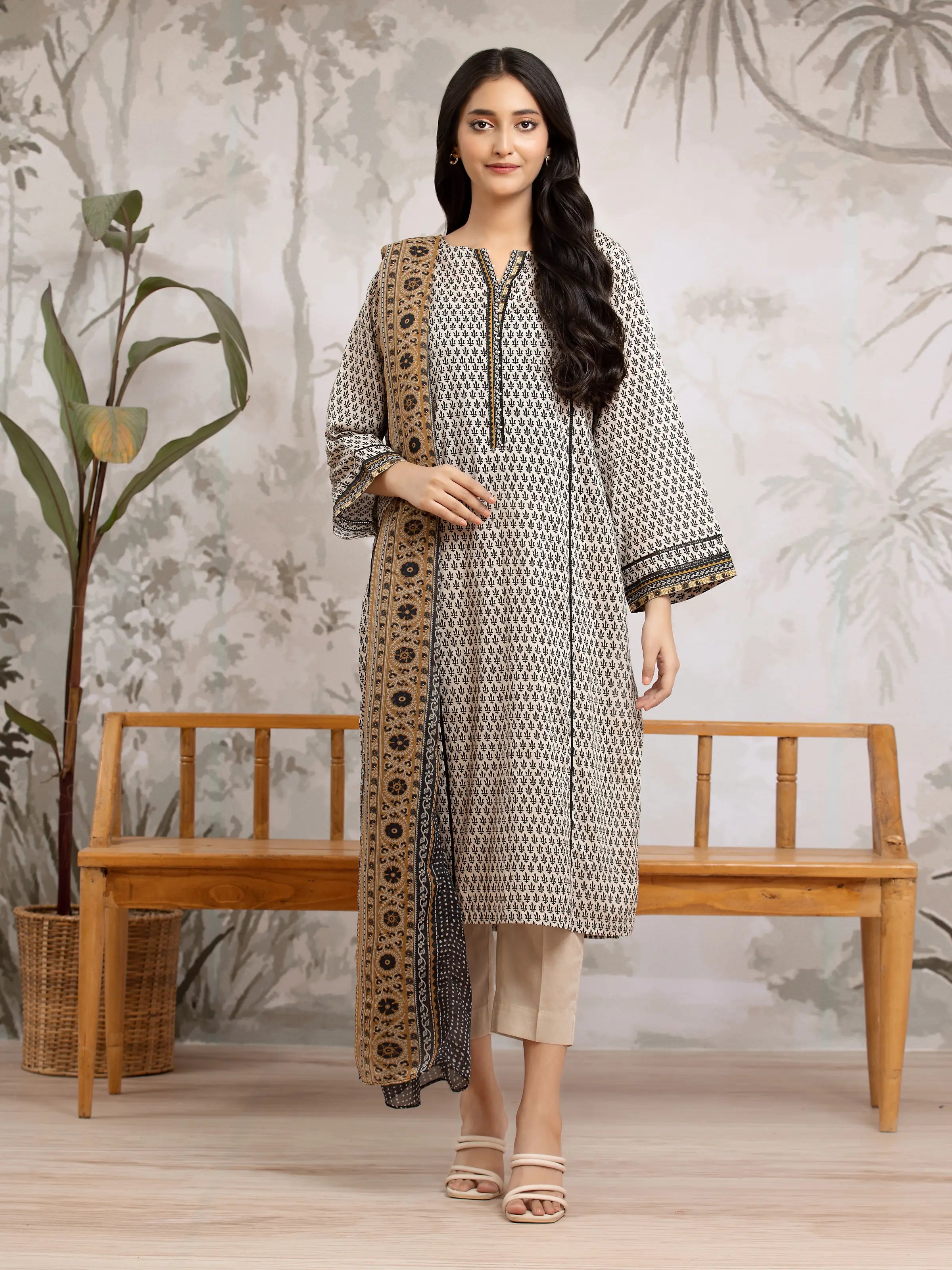 Unstitched Beige & Black Printed Khaddar 3 Piece - EWU24M2-175