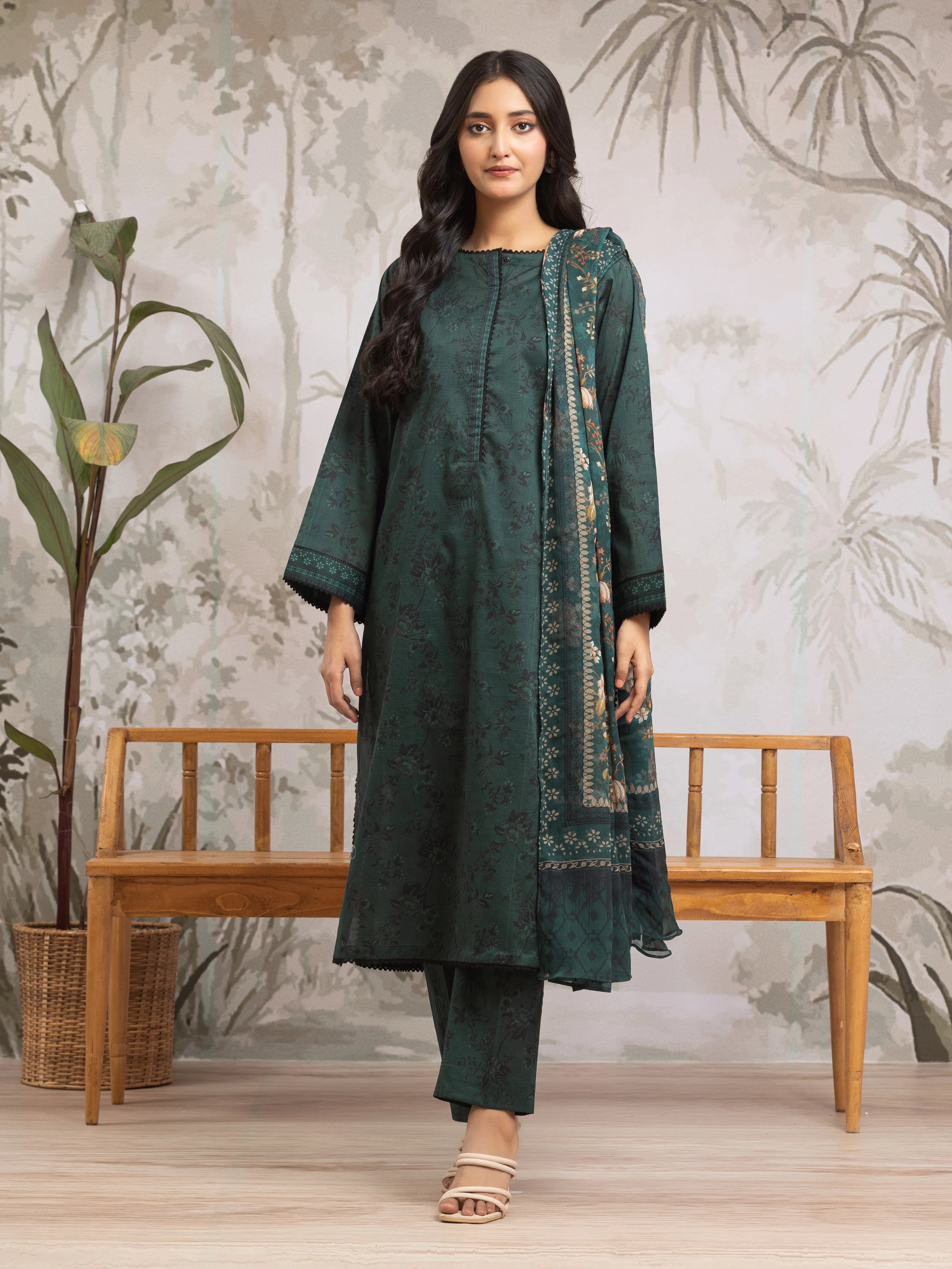 Unstitched Dark Green Printed Khaddar 3 Piece - EWU24M2-180