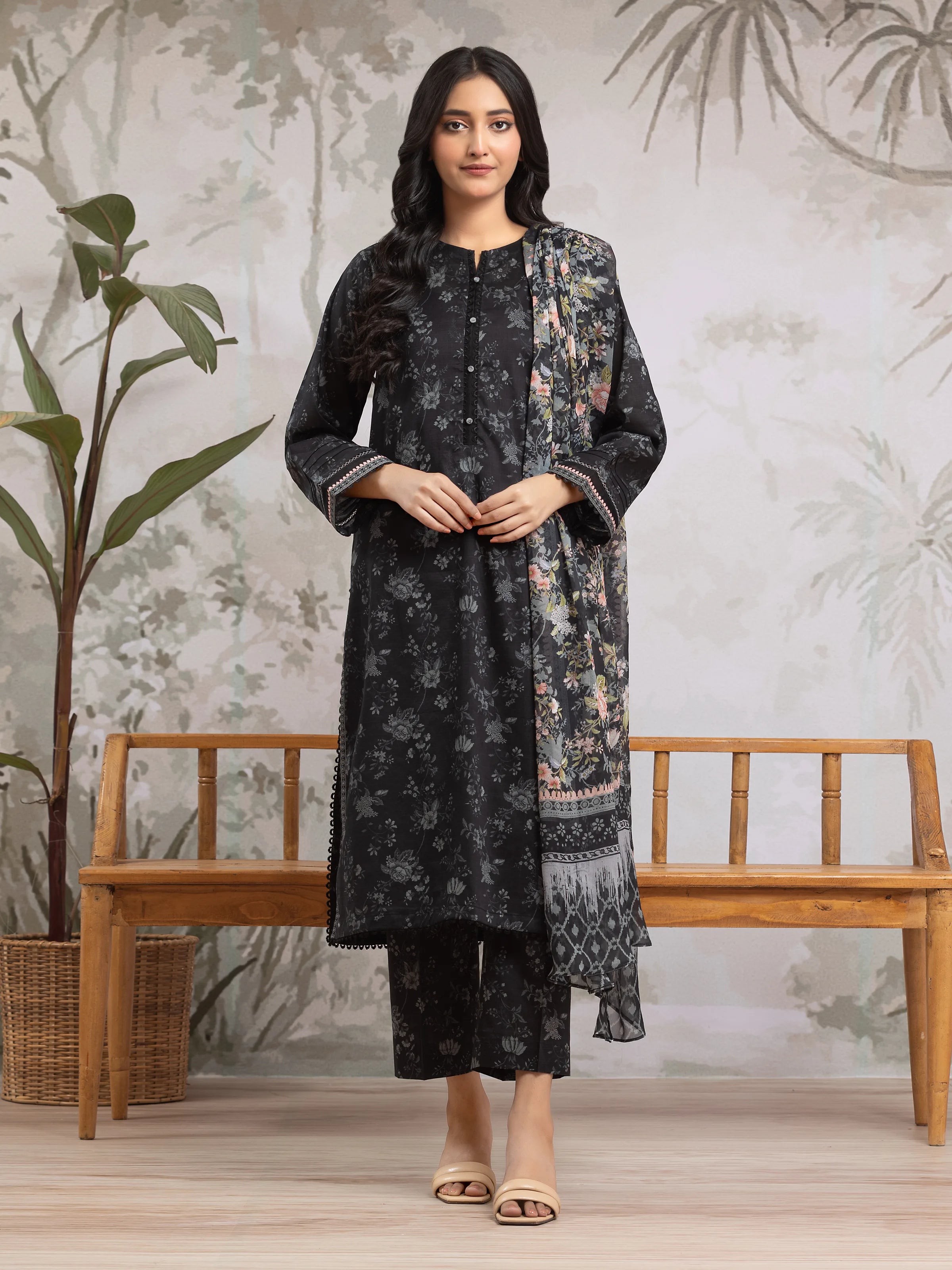 Unstitched Black Printed Khaddar 3 Piece - EWU24M2-181