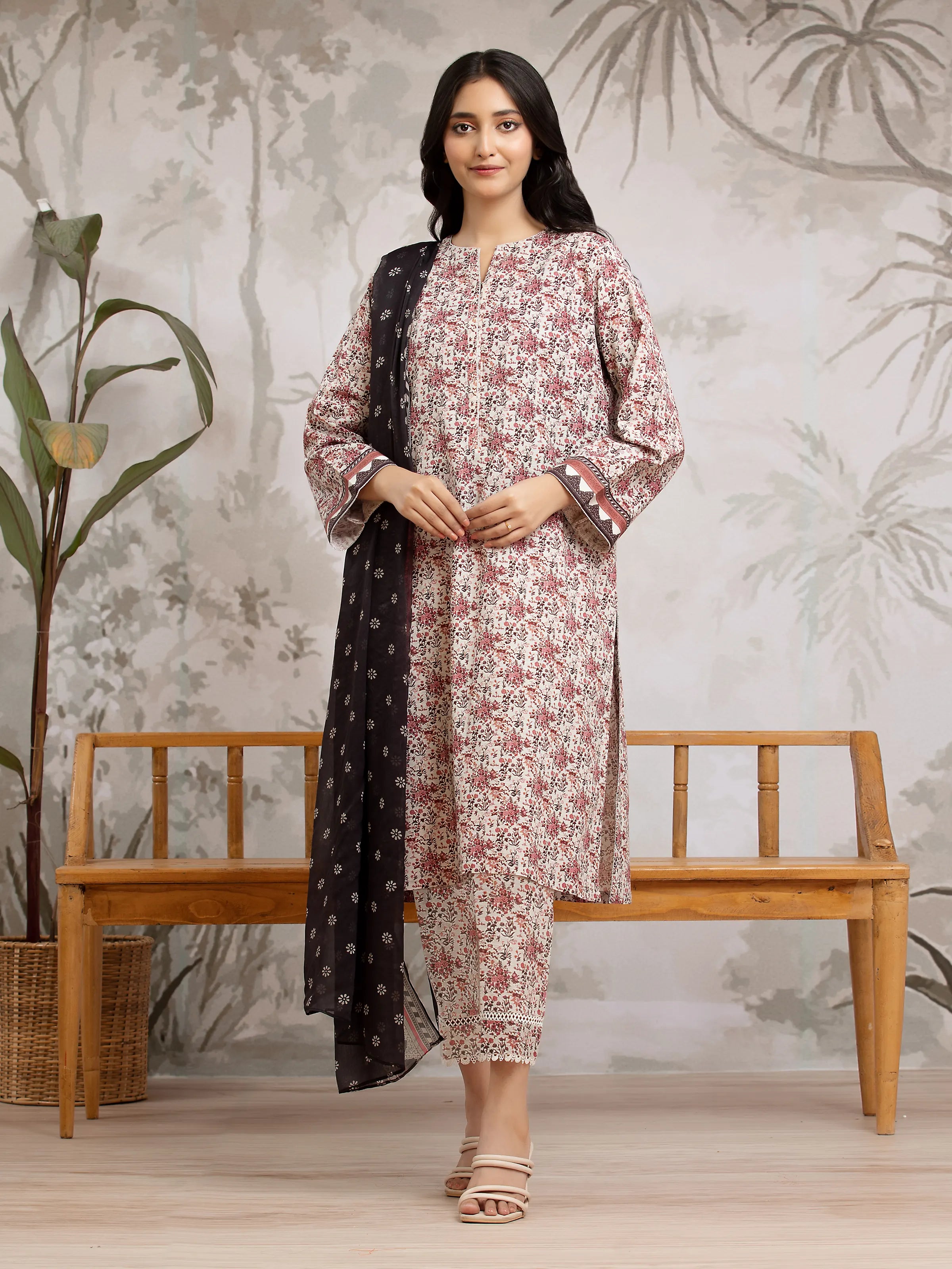 Unstitched Beige & Maroon Printed Khaddar 3 Piece - EWU24M2-182