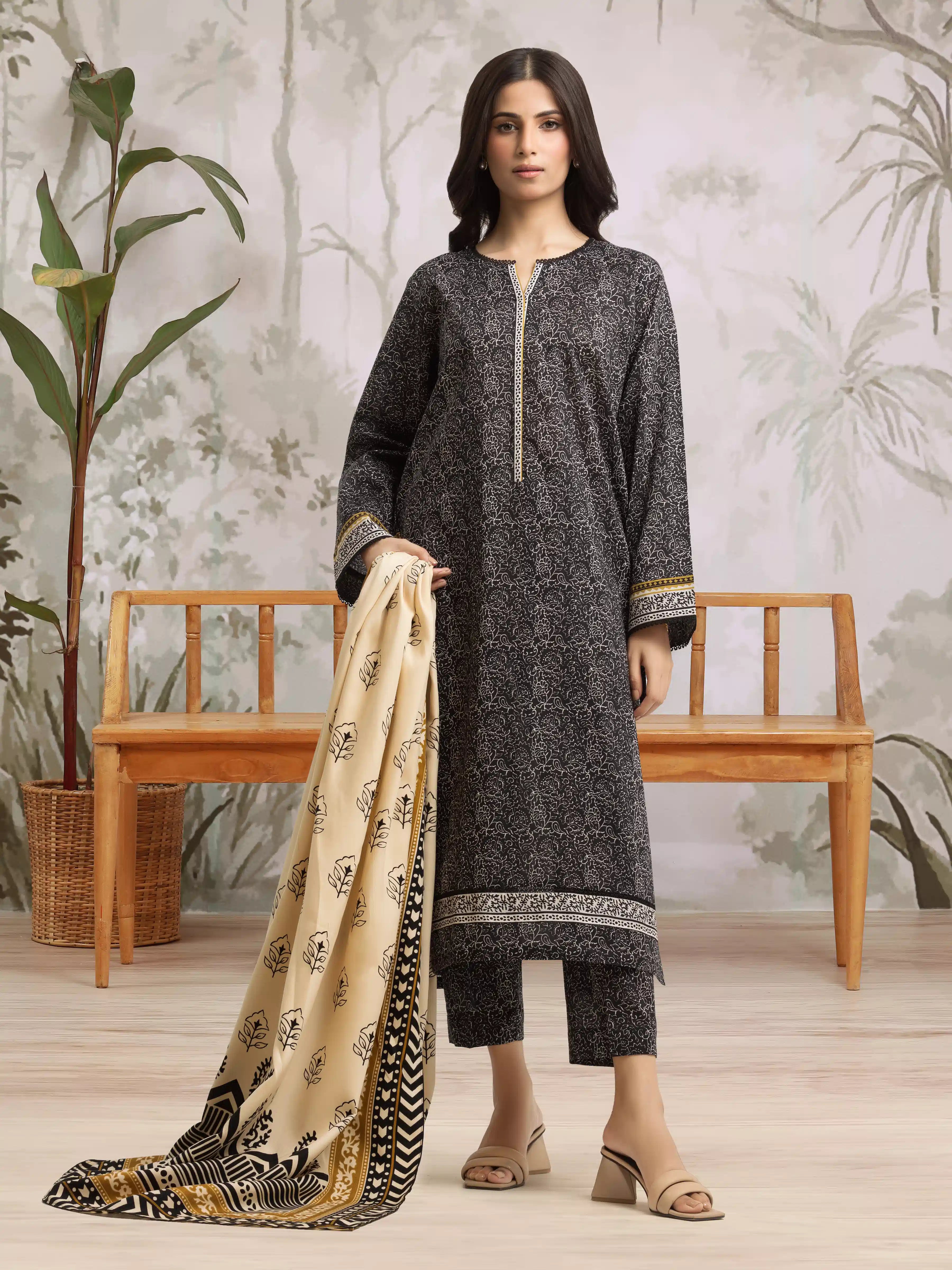 Unstitched Black Printed Khaddar 3 Piece - EWU24M3-071