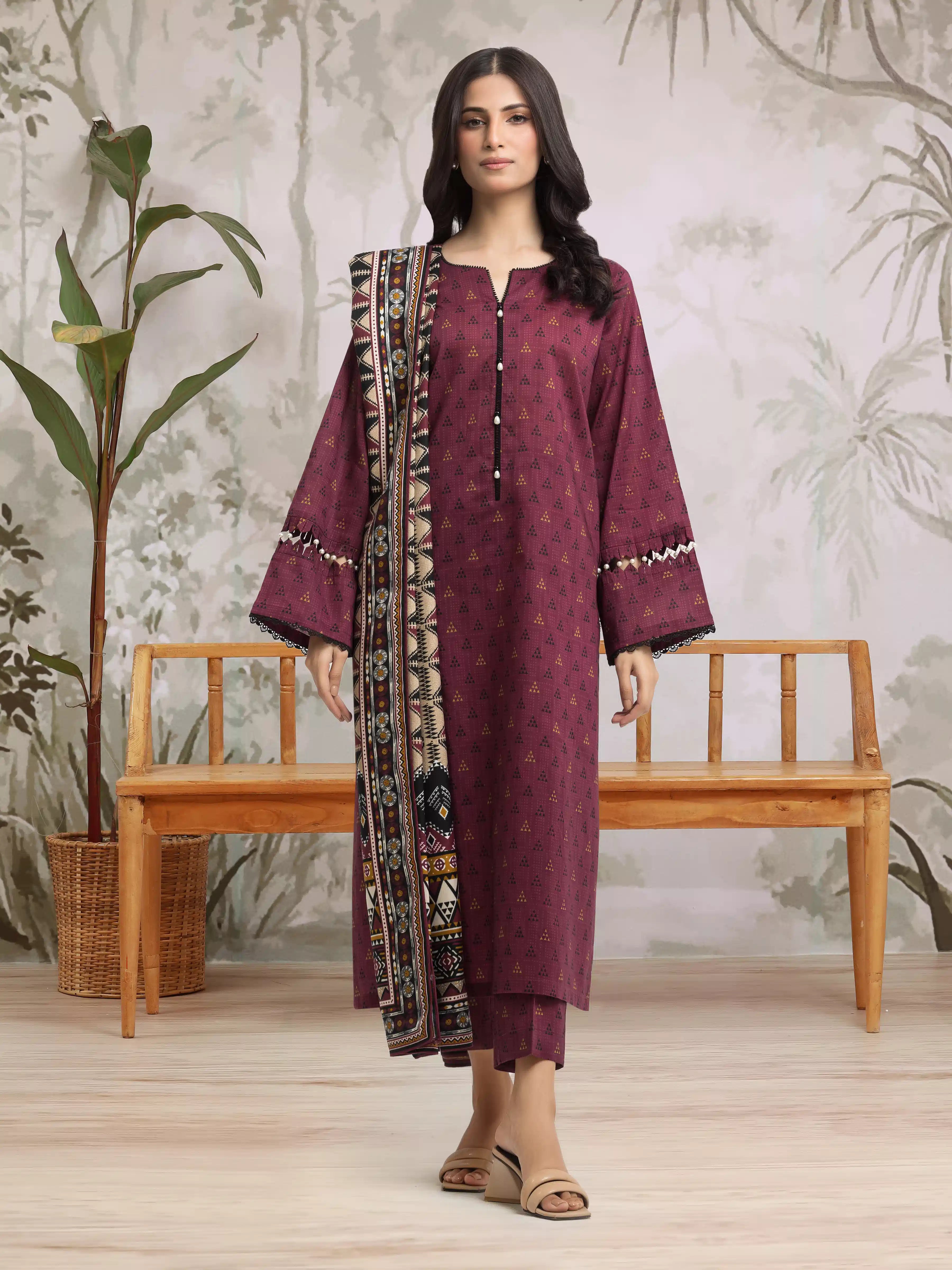 Unstitched Magenta Printed Khaddar 3 Piece - EWU24M3-072