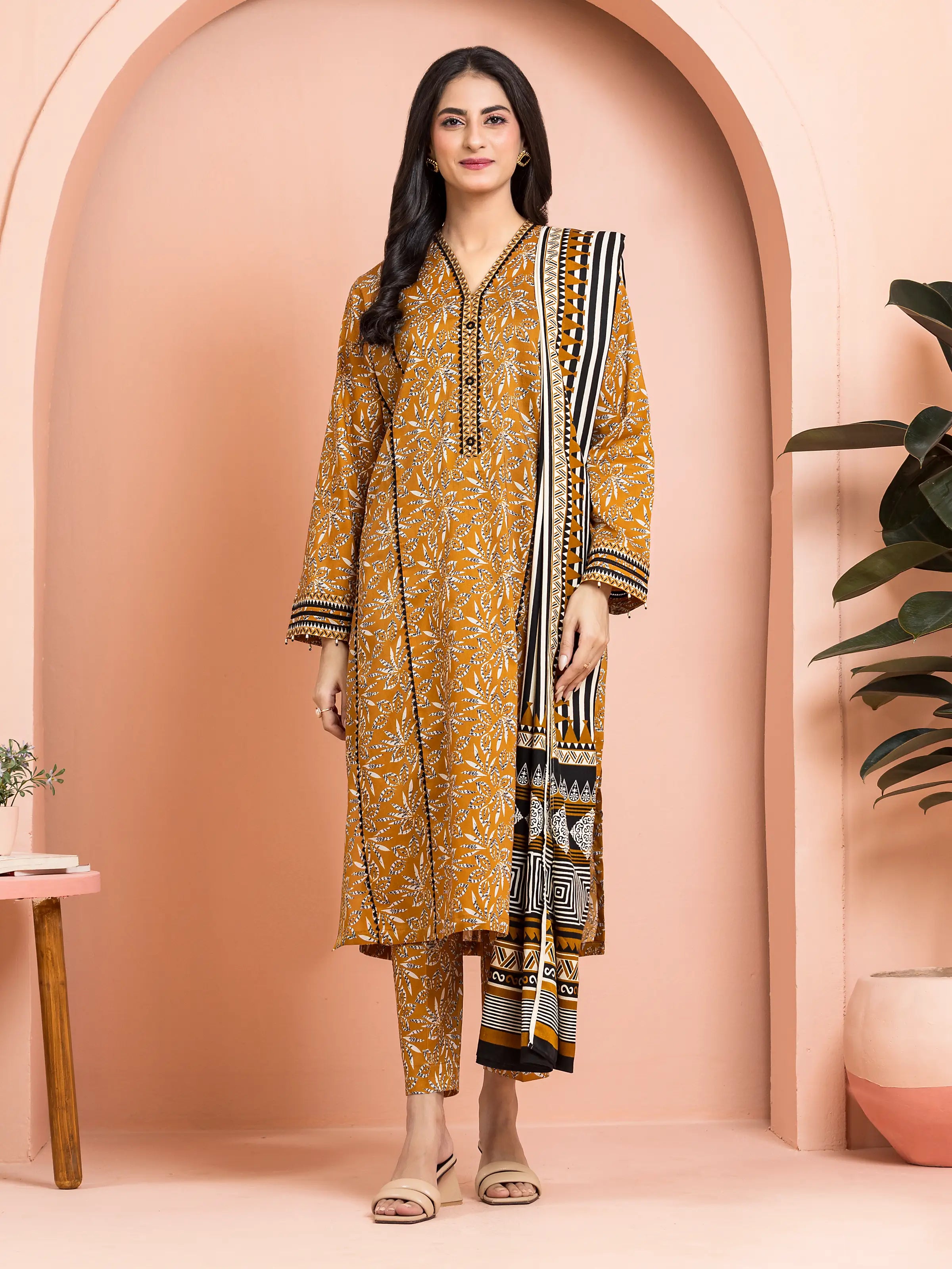 Unstitched Mustard Printed Khaddar 3 Piece - EWU24M3-077