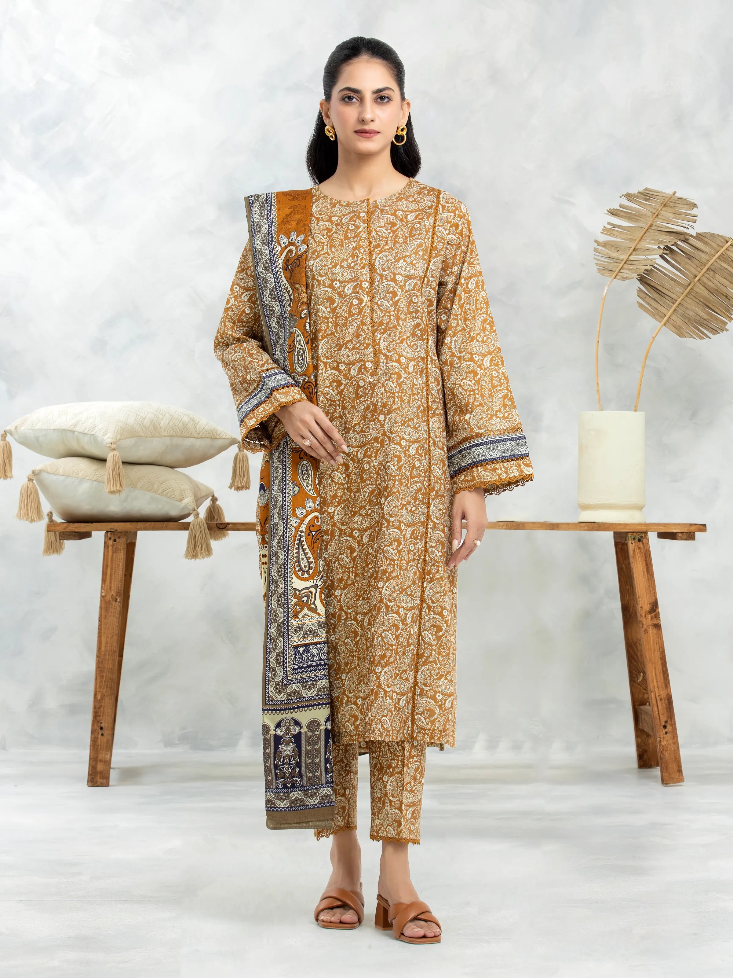 Unstitched Dark Mustard Printed Khaddar 3 Piece - EWU24M3-089-3P