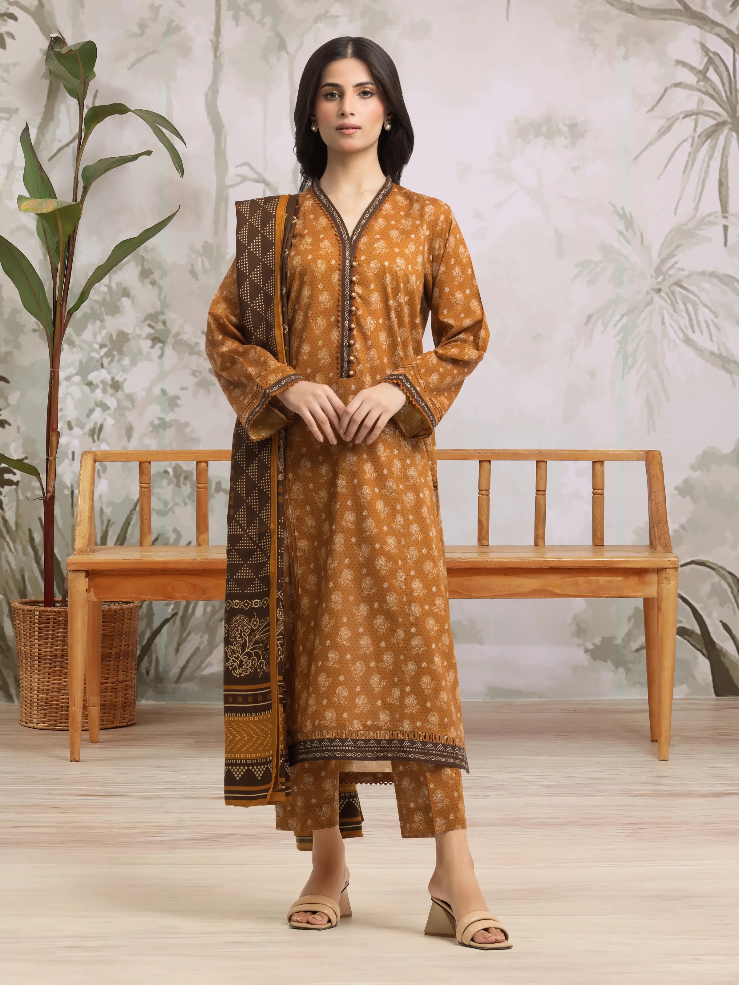 Unstitched Golden Printed Khaddar 3 Piece - EWU24M3-093