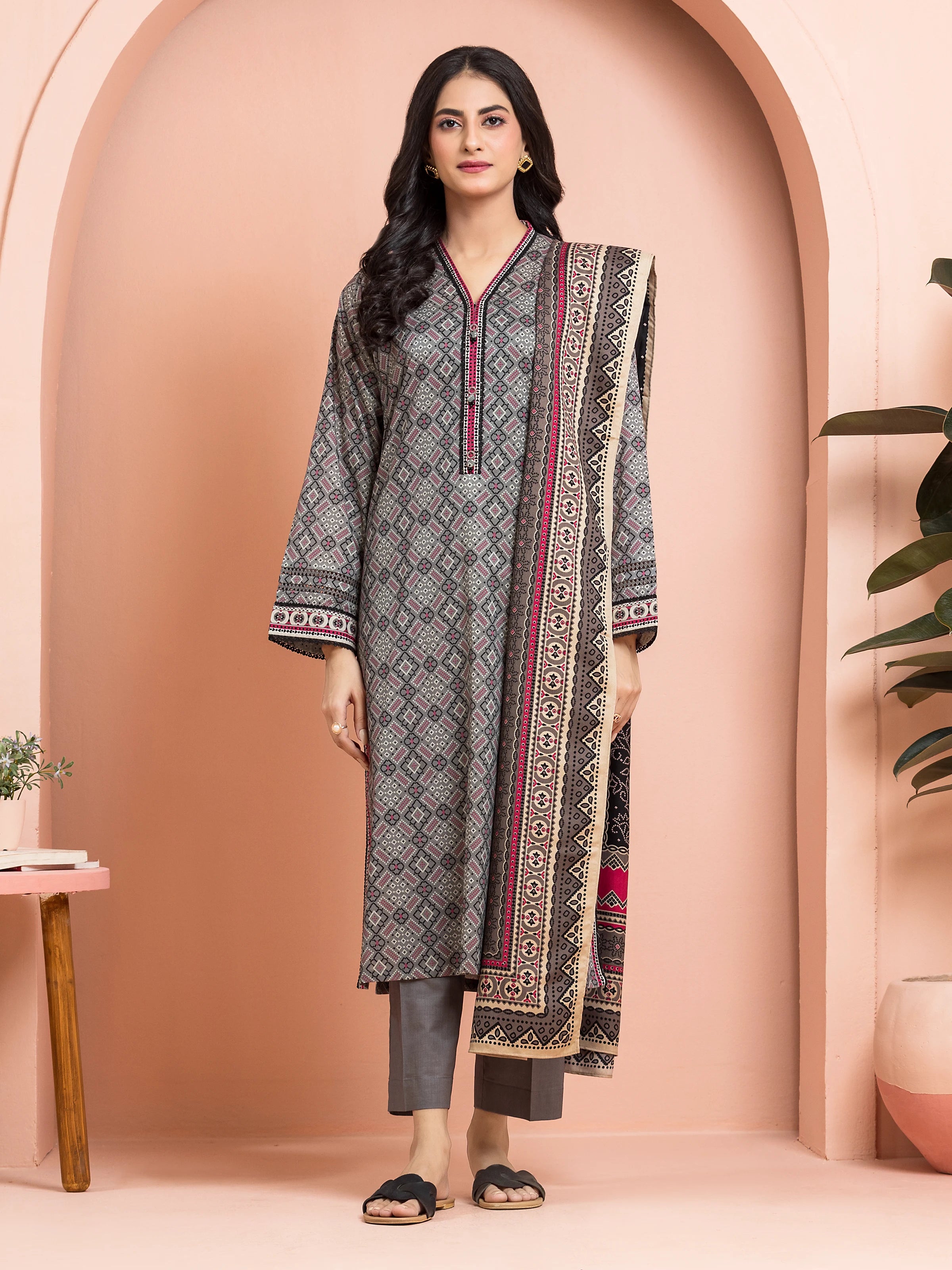 Unstitched Grey Printed Khaddar 3 Piece - EWU24M3-098