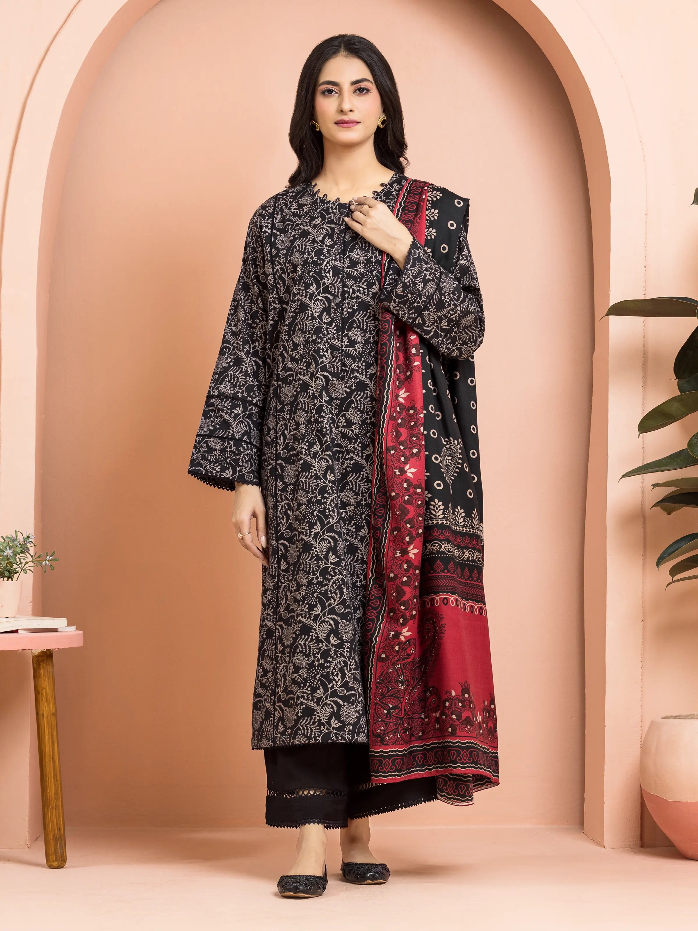 Unstitched Black Printed Khaddar 3 Piece - EWU24M3-102