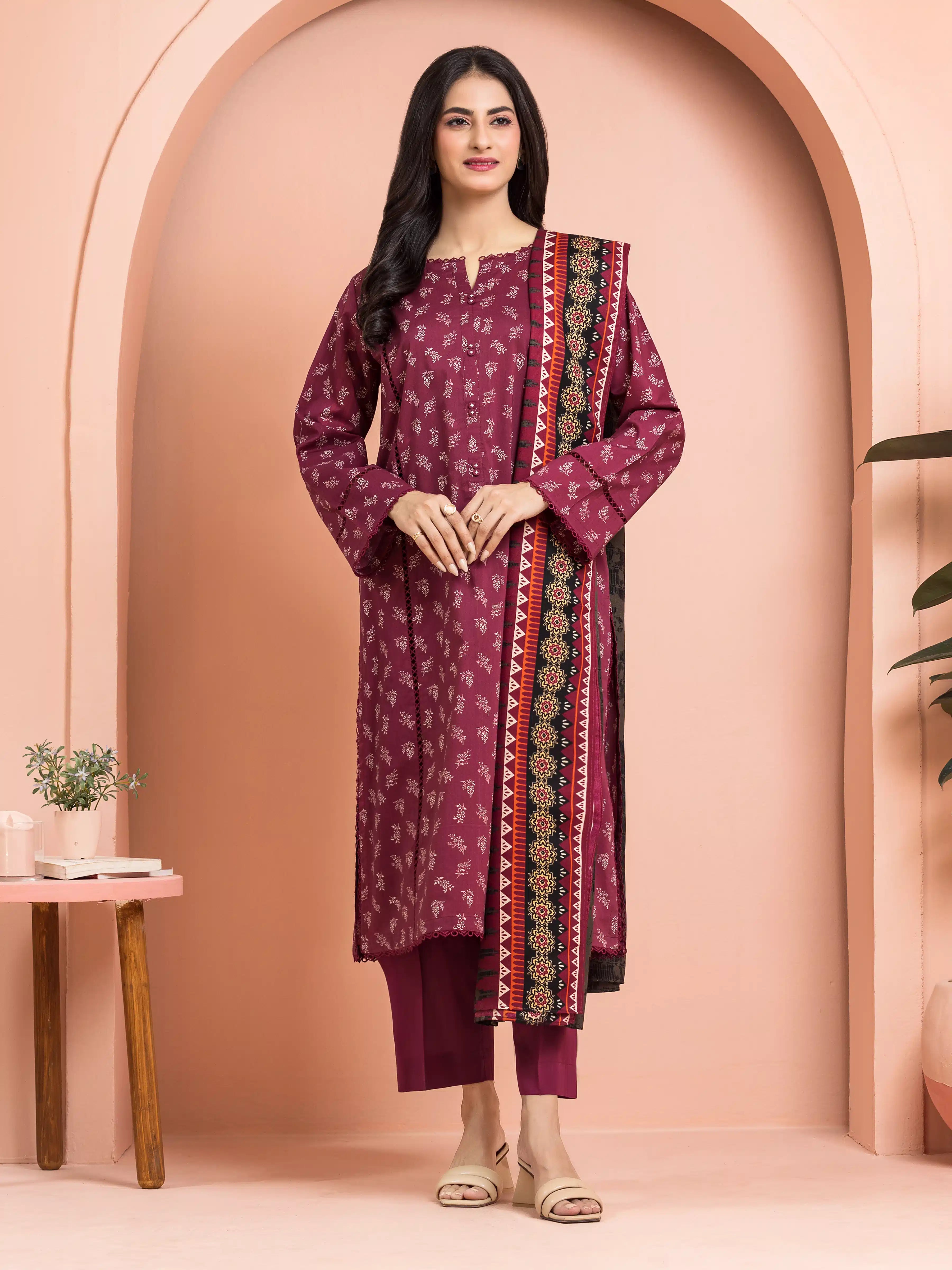 Unstitched Burgundy Printed Khaddar 3 Piece - EWU24M3-113