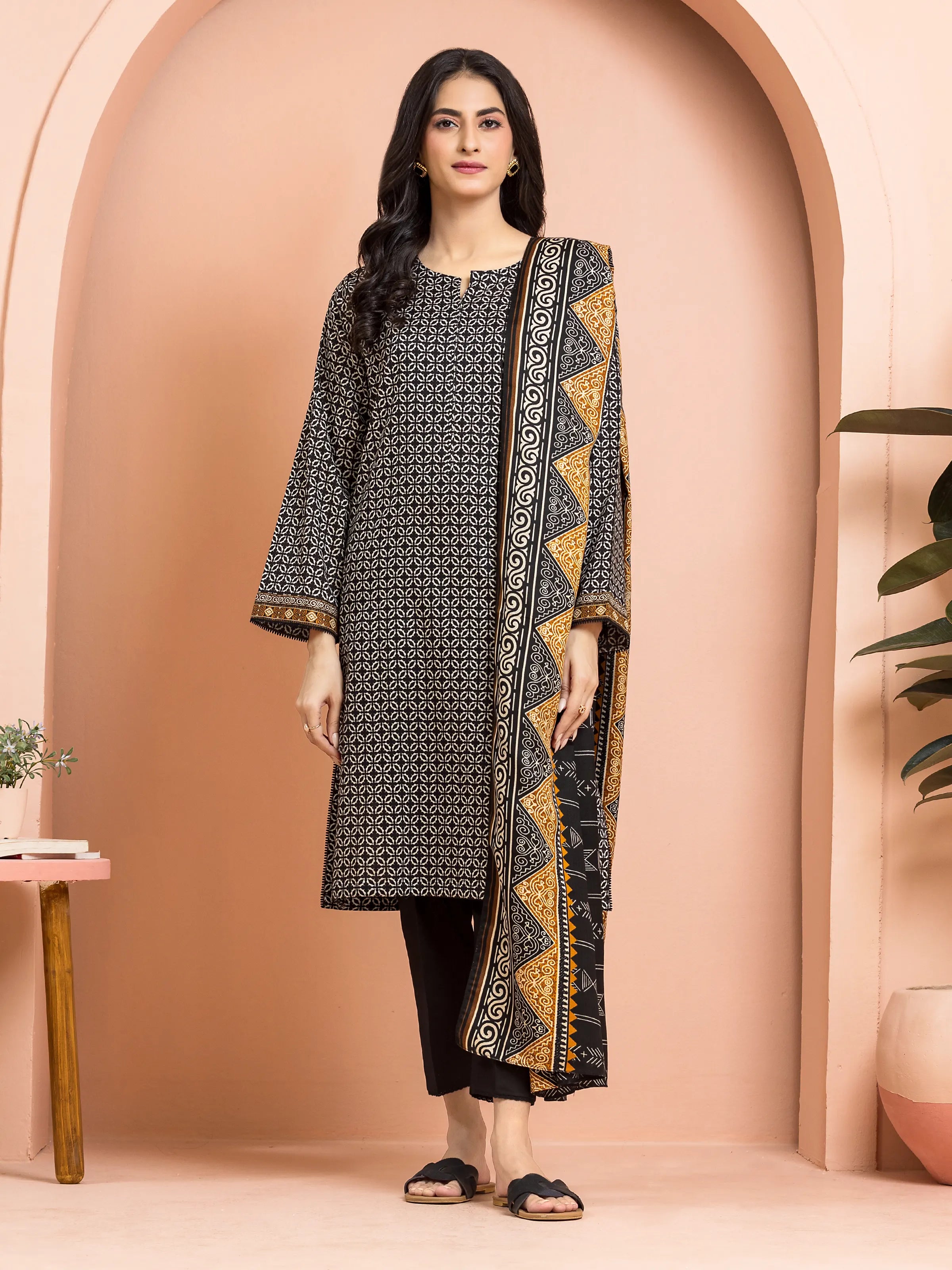 Unstitched Black Printed Khaddar 3 Piece - EWU24M3-114